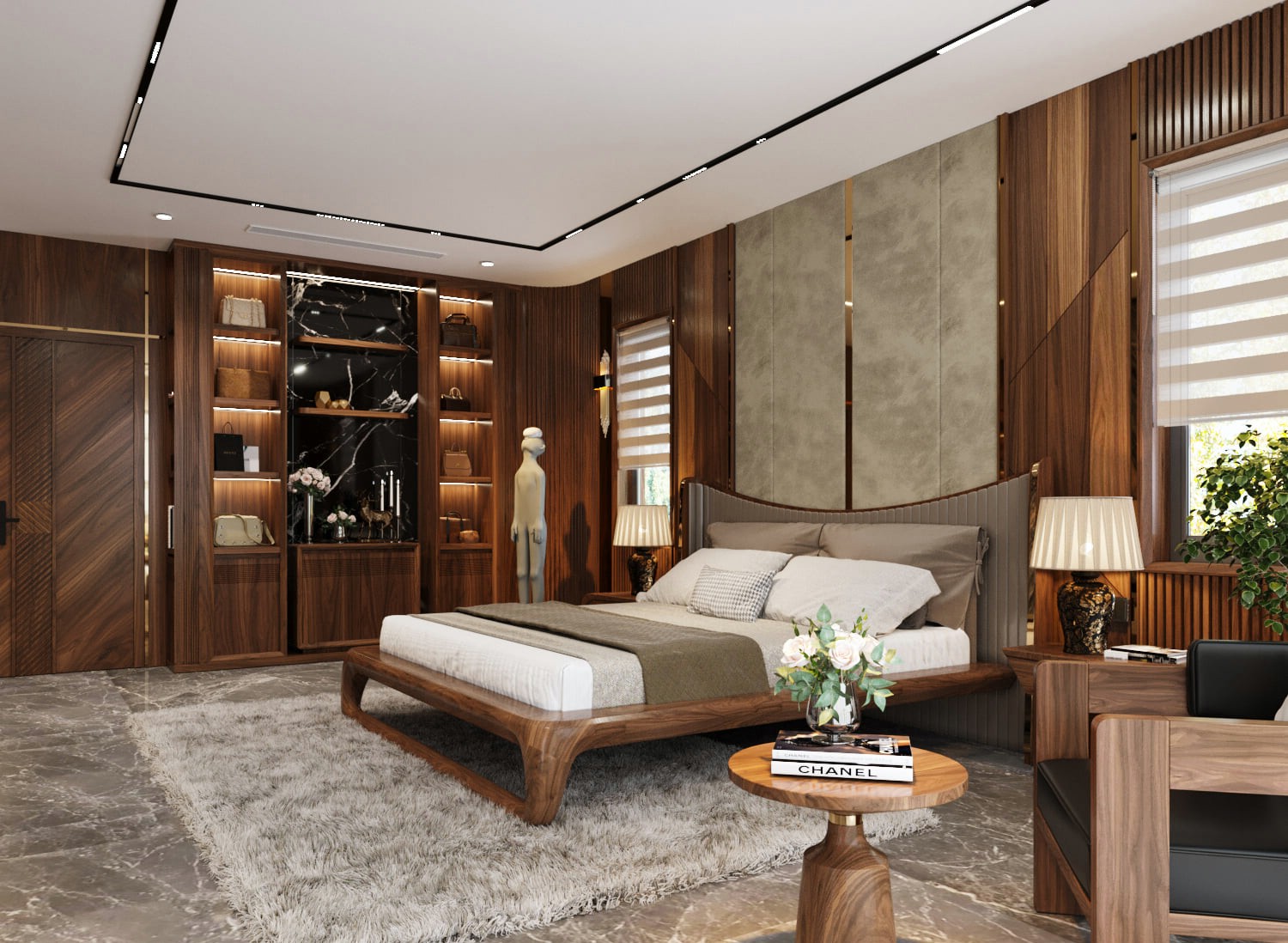 Nọi thất phòng ngủ gỗ óc chó hiện đại, sang trọng