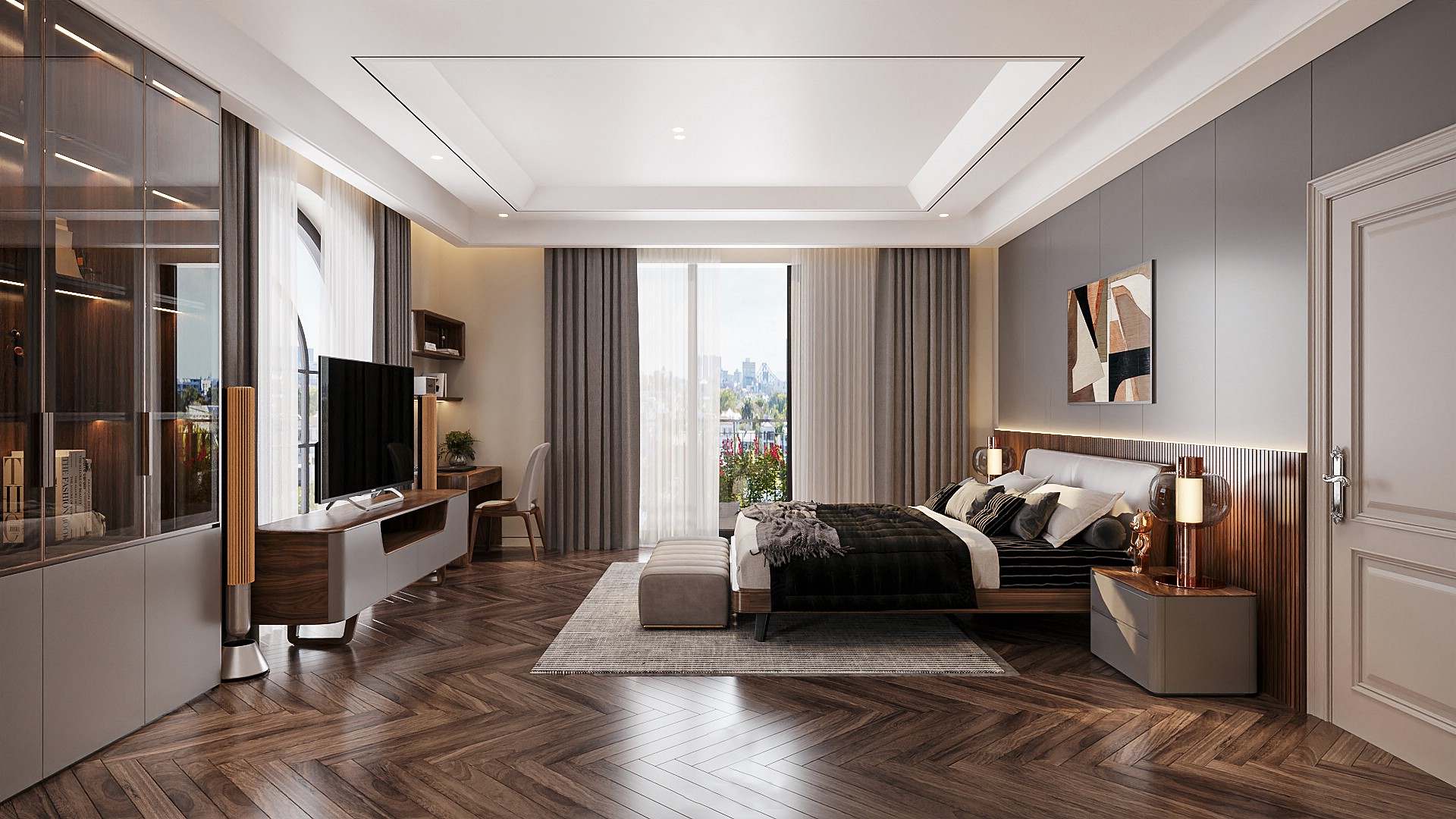 Nội thất phòng ngủ gỗ óc chó hiện đại