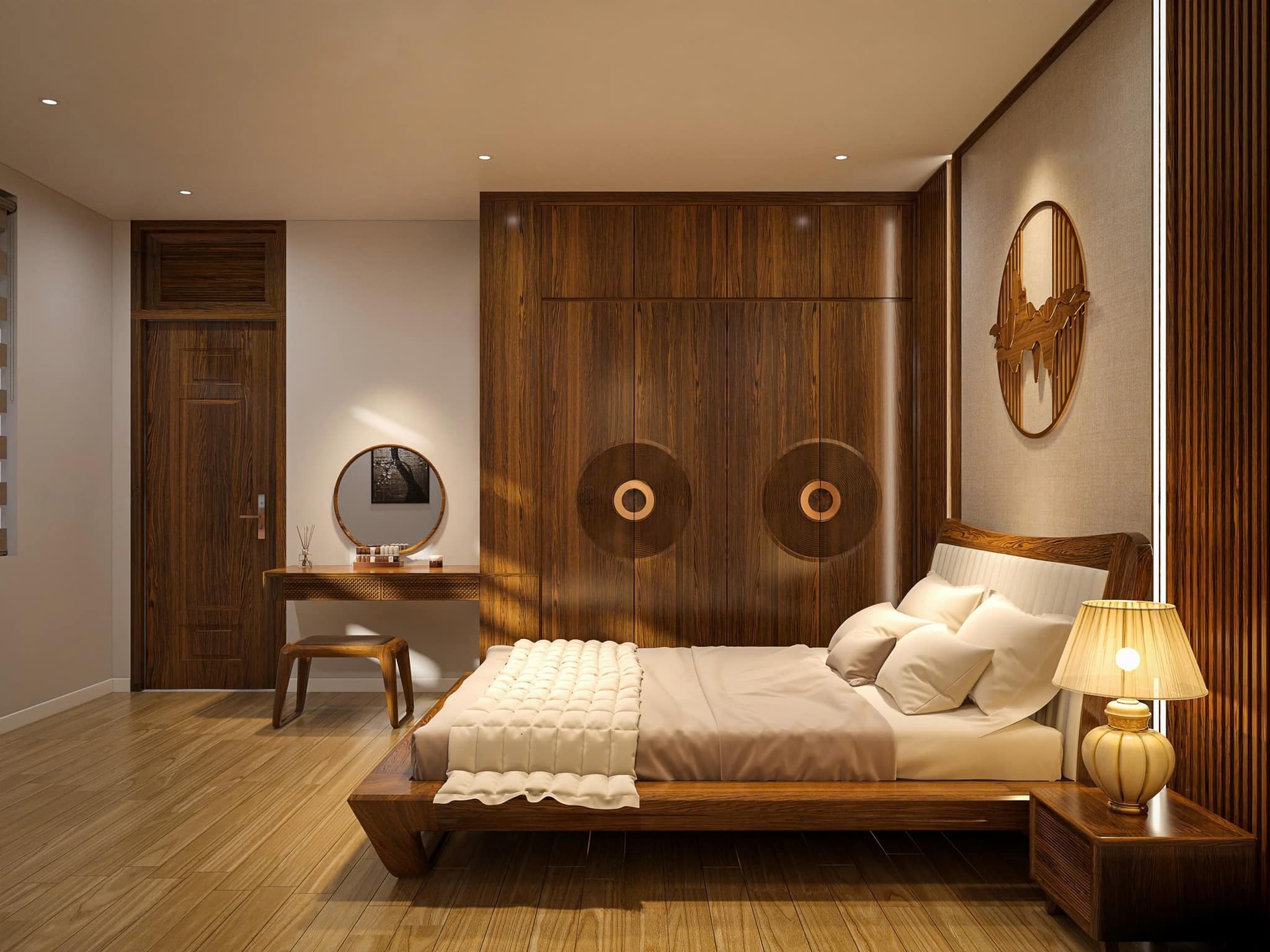 Nội thất phòng ngủ hiện đại với tủ quần áo, bàn trang điểm và giường bọc da trắng