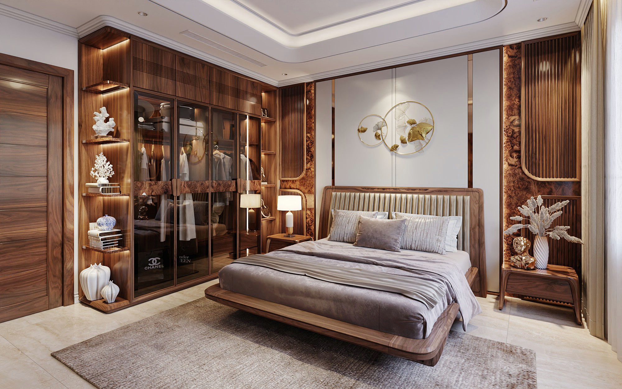 Nội thất phòng ngủ master với giường gỗ óc chó và tủ áo kính sang trọng