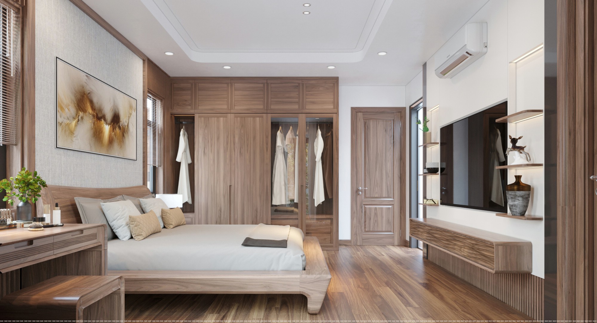 Nội thất phòng ngủ gỗ óc chó sang trọng, ấm áp