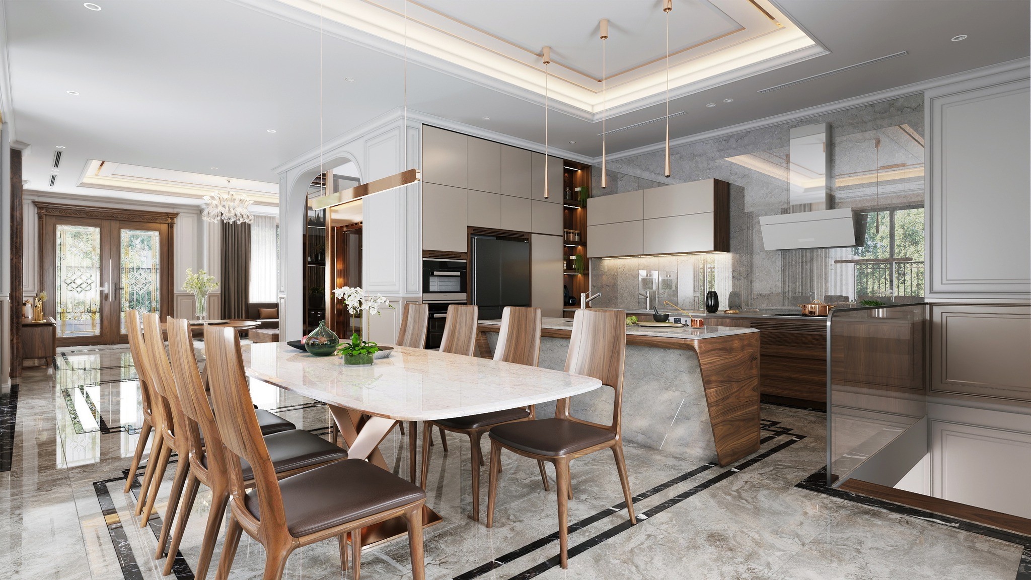 Phòng bếp đẹp hiện đại với bàn ăn mặt đá và tủ bếp chữ L kết hợp bàn đảo