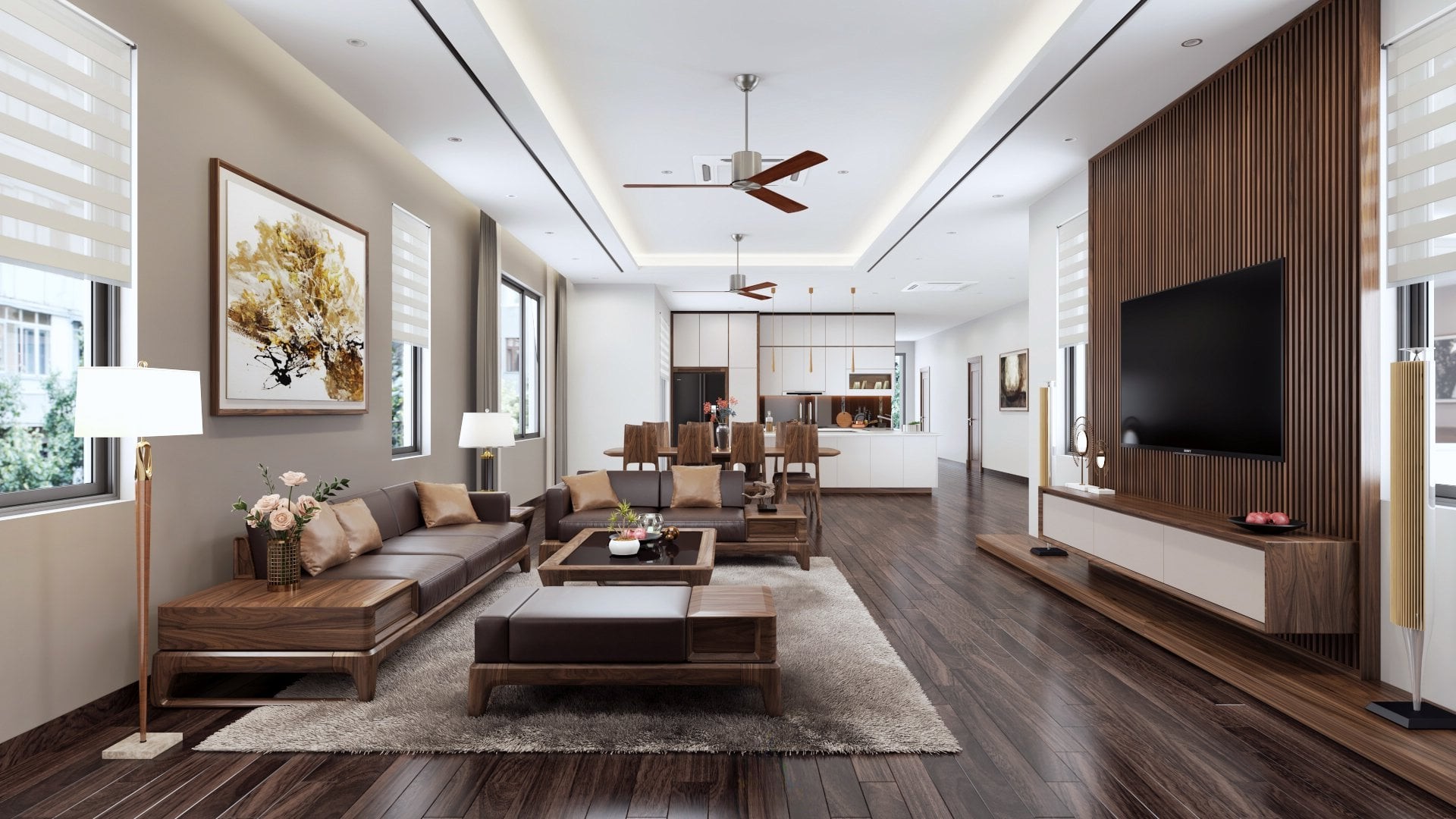 Phòng khách đẹp đơn giản với gỗ óc chó tự nhiên