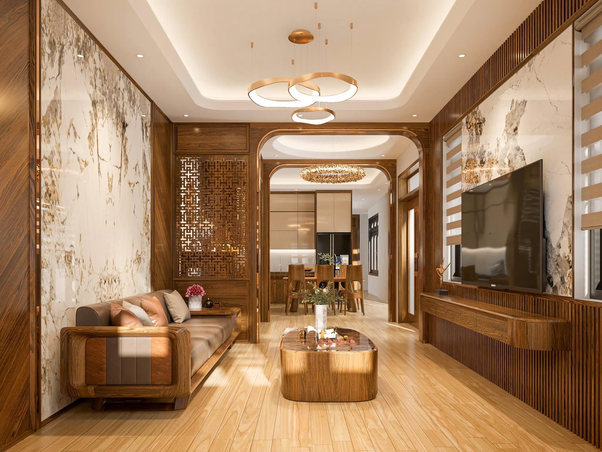 Phòng khách đẹp nhà ống với sàn gỗ nâu vàng và sofa văng hiện đại