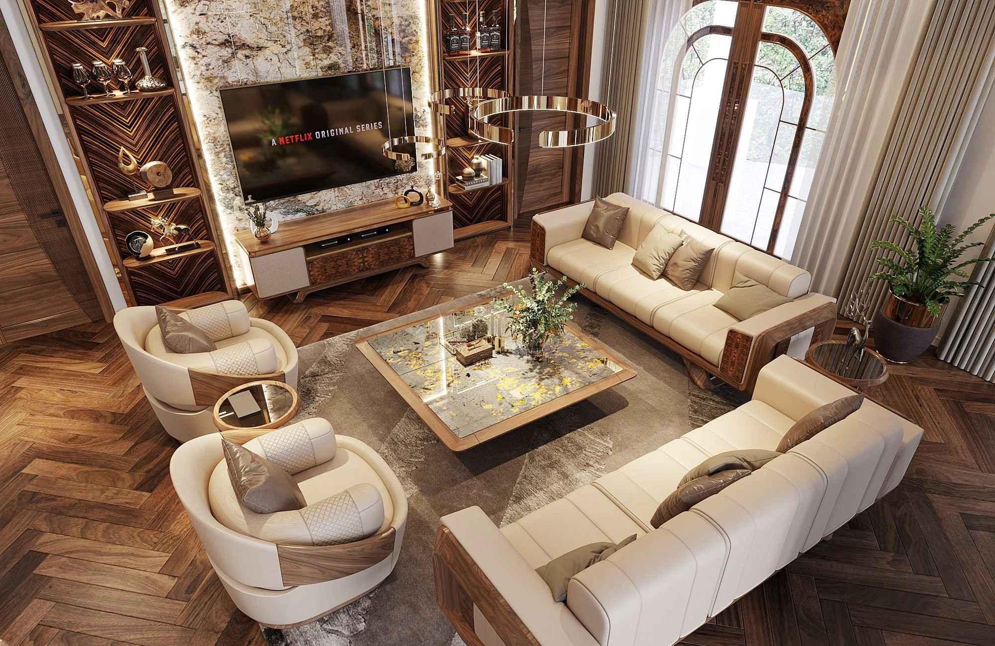 Phòng khách đẹp với sofa da kem, bàn trà đá hoa vàng và kệ tivi hiện đại