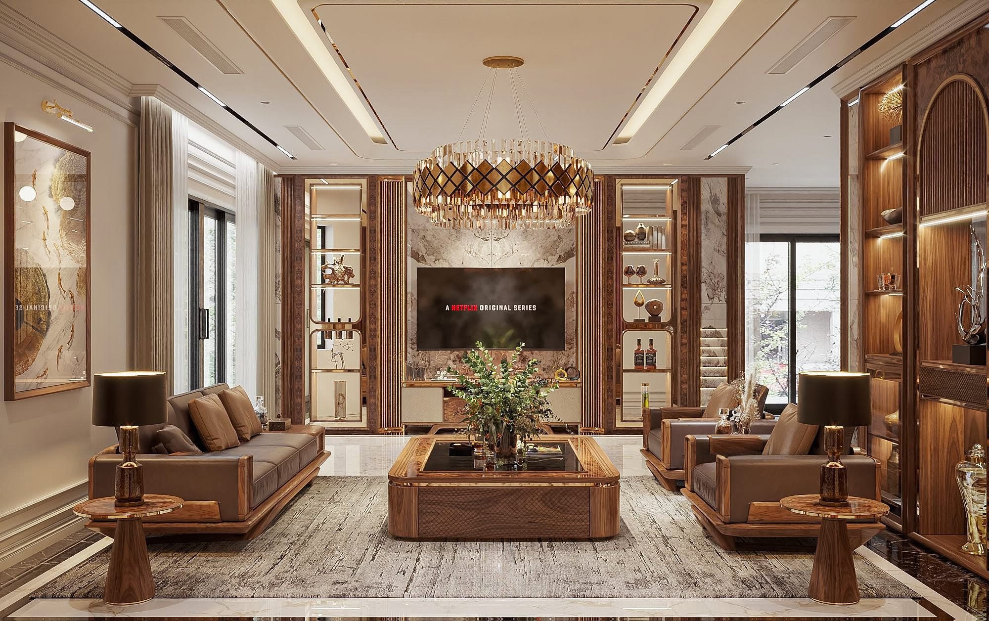 Phòng khách hiện đại gỗ óc chó sang trọng