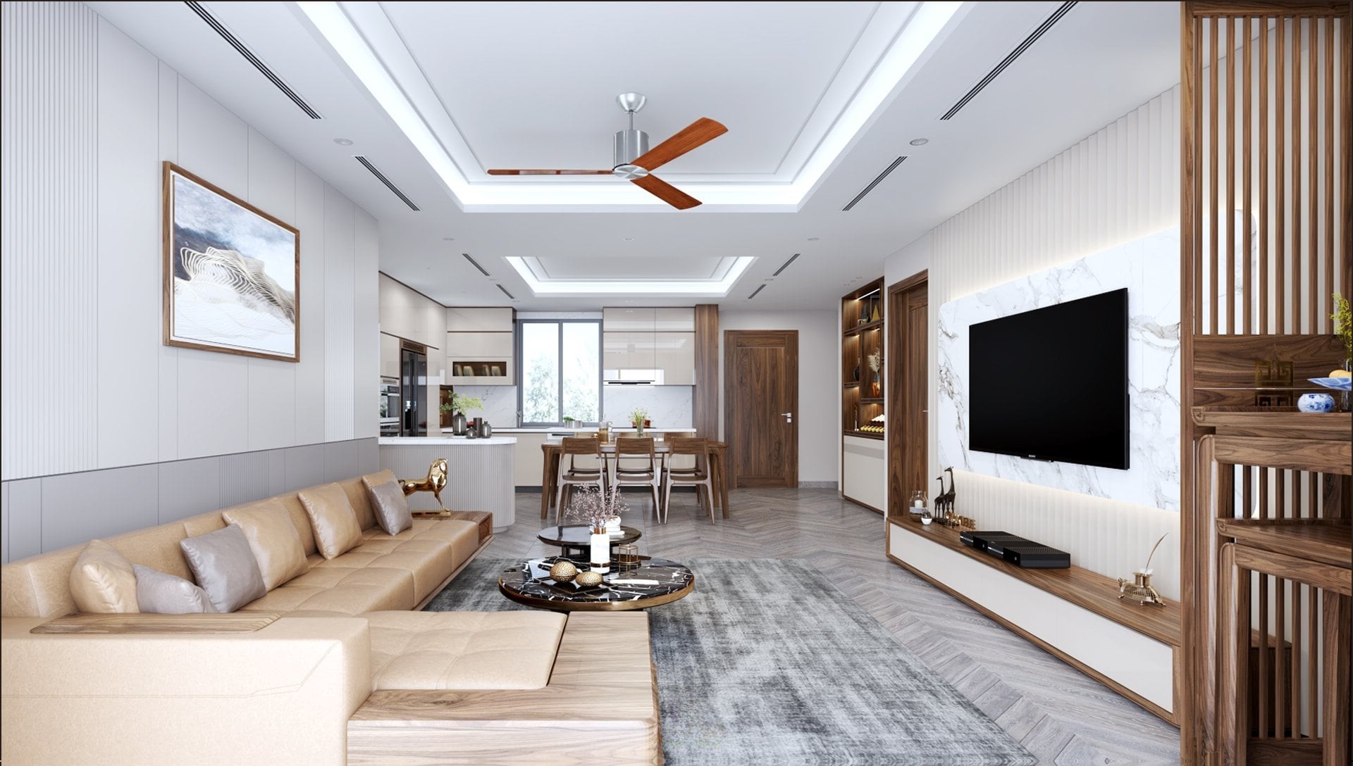 Phòng khách nhà ống 5m với sofa chữ L gỗ óc chó và bàn trà đá tròn