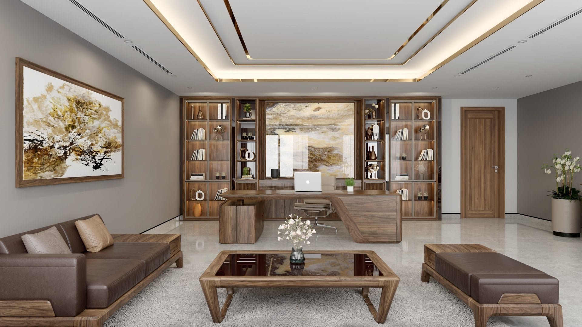 phòng làm việc hiện đại gỗ óc chó tự nhiên tone nâu trầm ghi có sofa gỗ và kệ trang trí