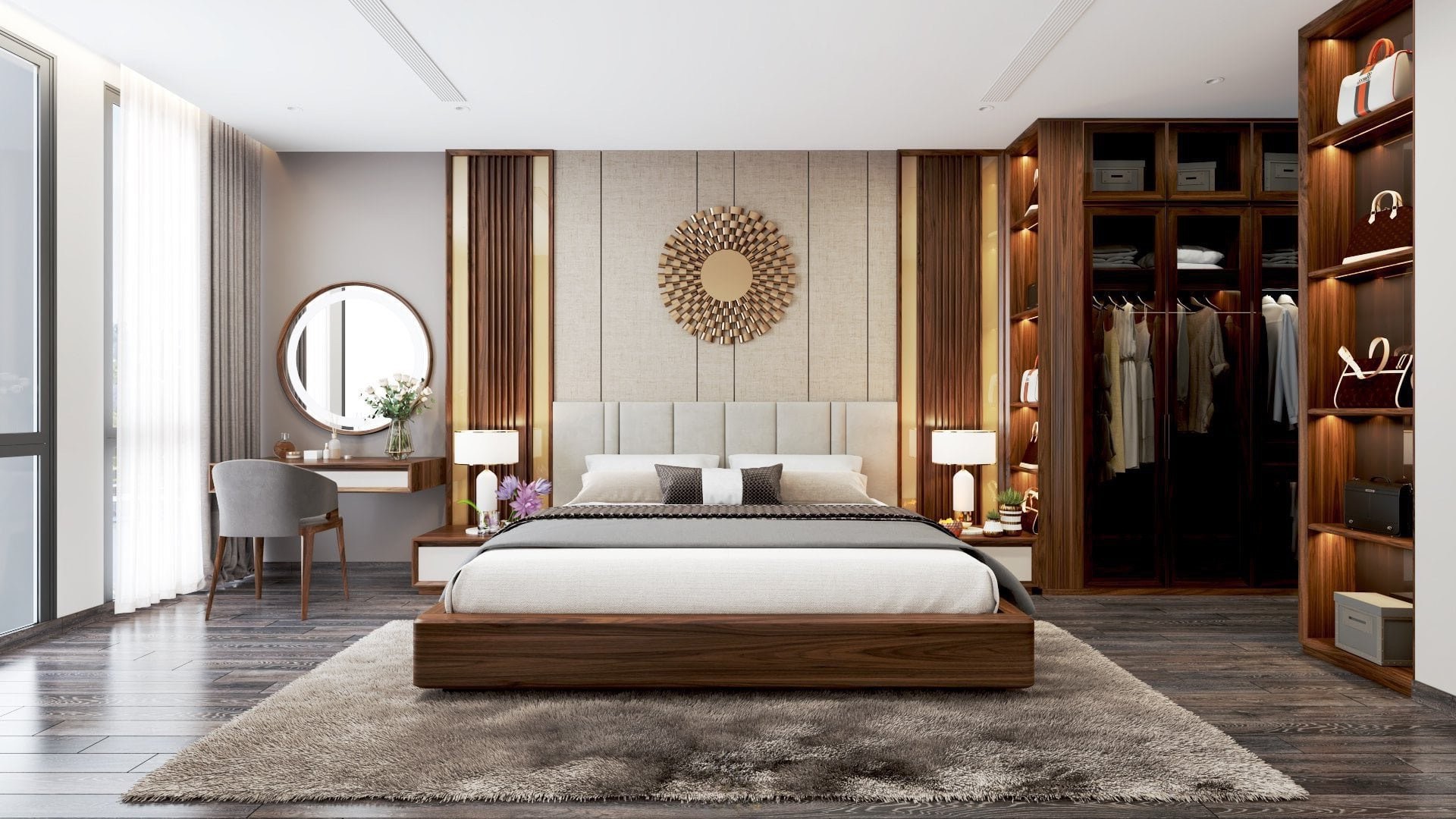 Phòng ngủ hiện đại với giường hộp, tủ quần áo đôi và bàn trang điểm gắn tường