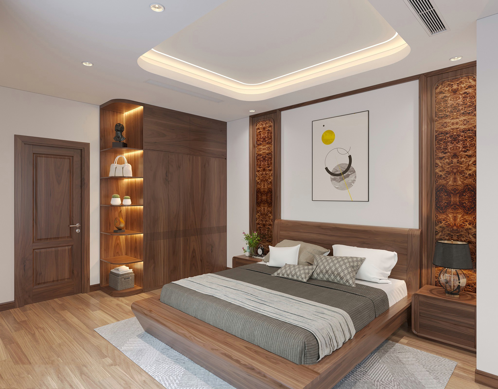 Phong thủy phòng ngủ với giường trung tâm và tủ quần áo chữ I