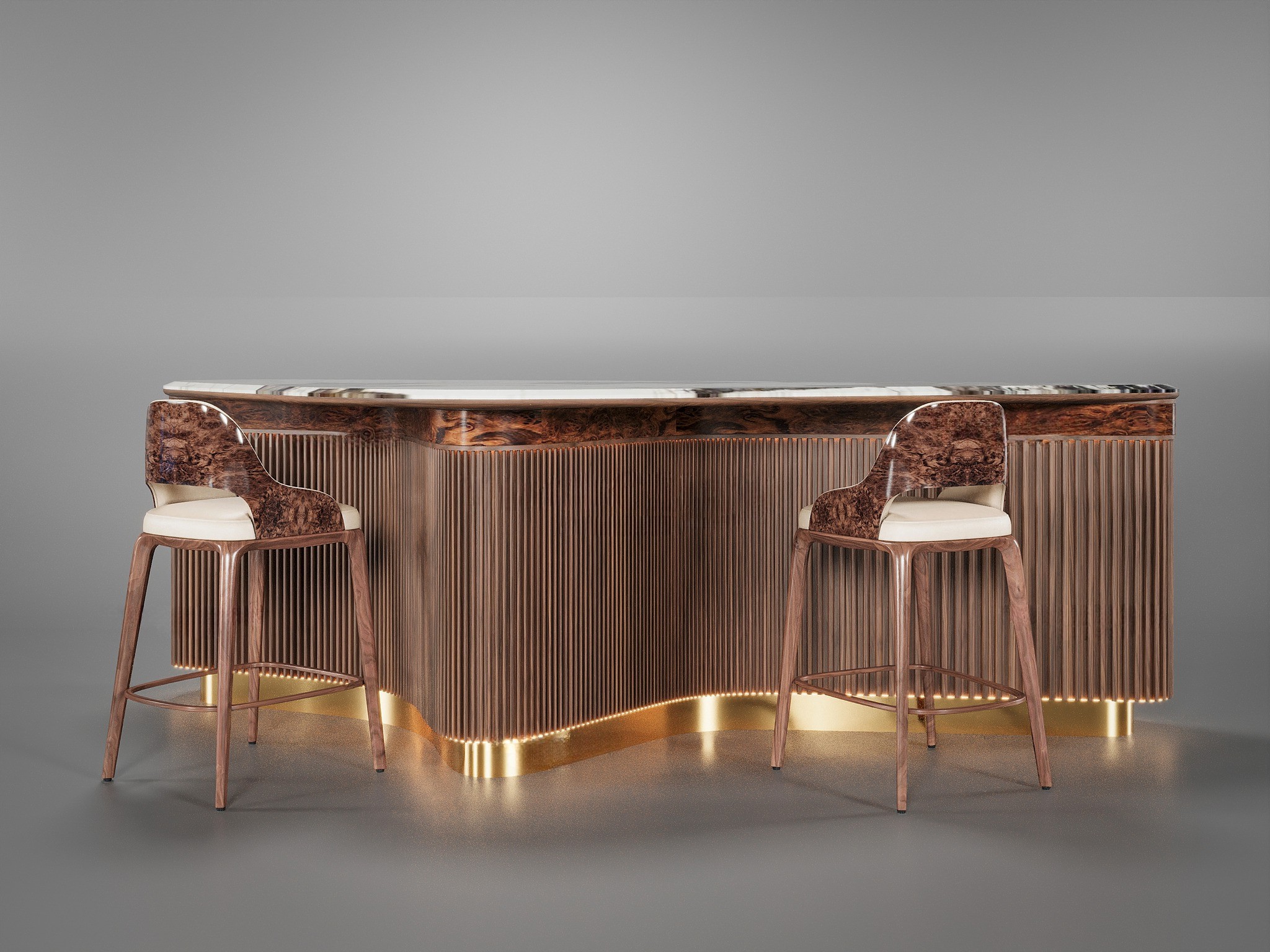 Mẫu quầy bar gỗ tự nhiên đẹp với mặt đá marble và thân uốn sóng