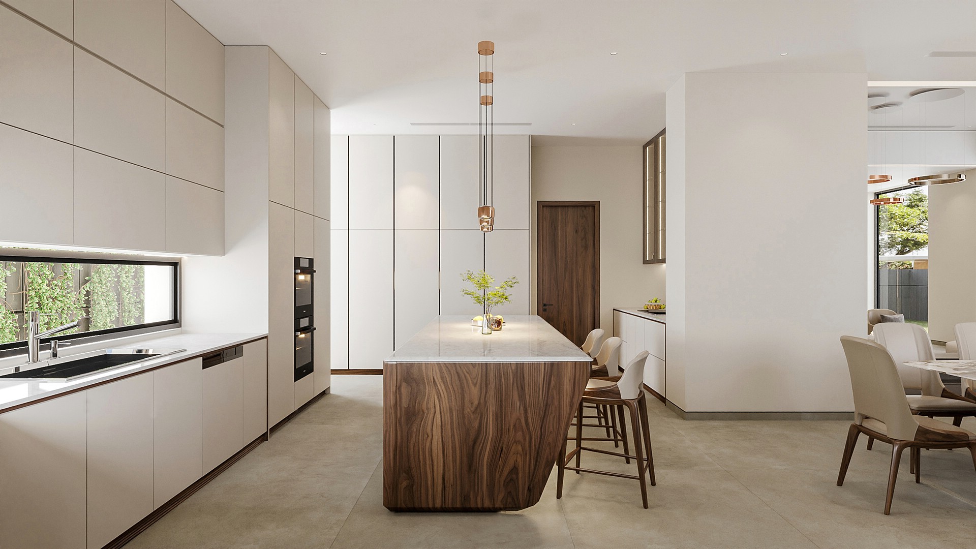 Quầy bar ngăn bếp và phòng khách hình hộp chữ nhật, cạnh cutout kê ghế, mặt đá marble trắng vân xám, khung gỗ óc chó/MDF vân gỗ nâu