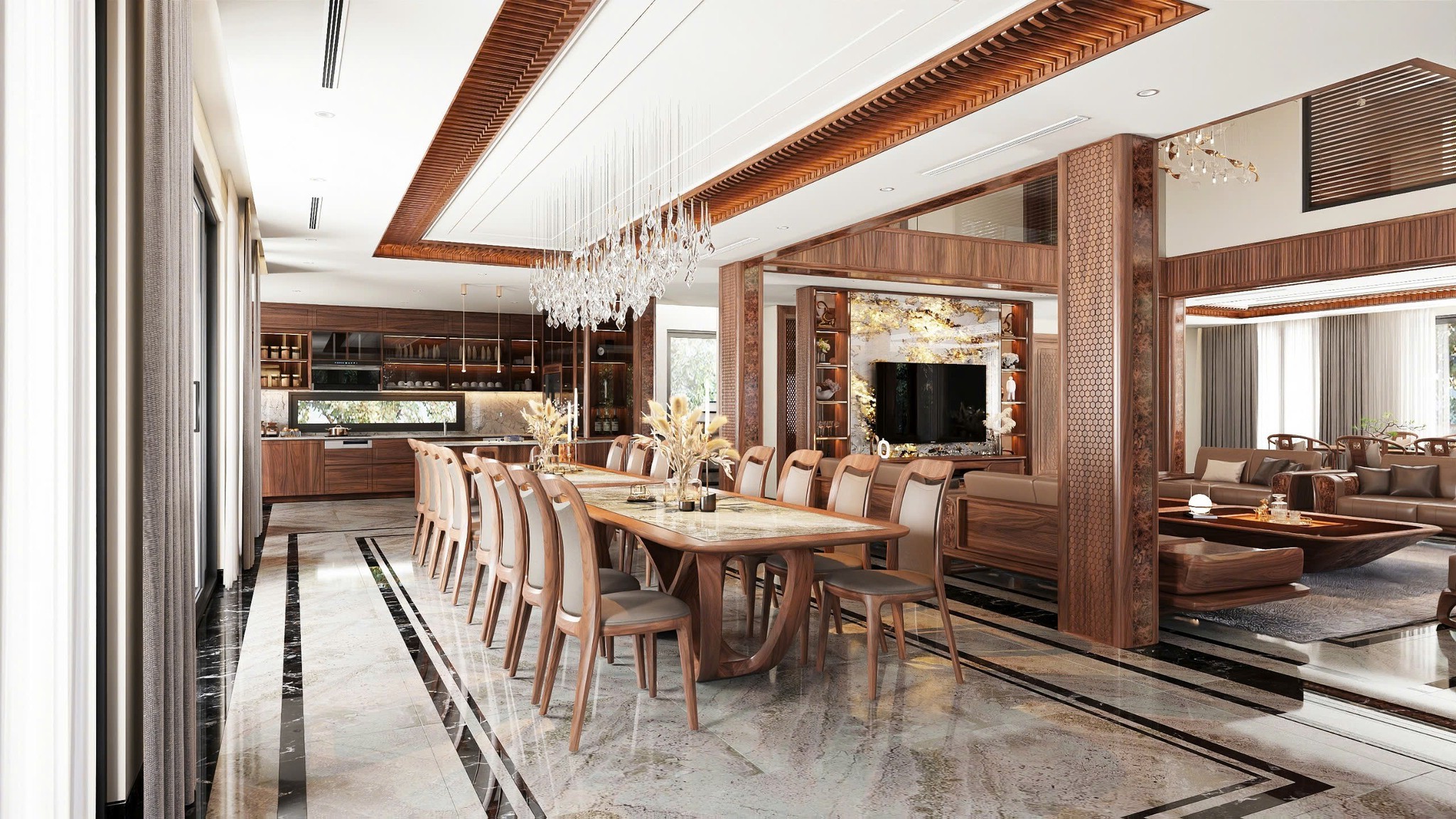 Không gian showroom nội thất gỗ óc chó trưng bày sản phẩm mẫu theo phong cách sang trọng