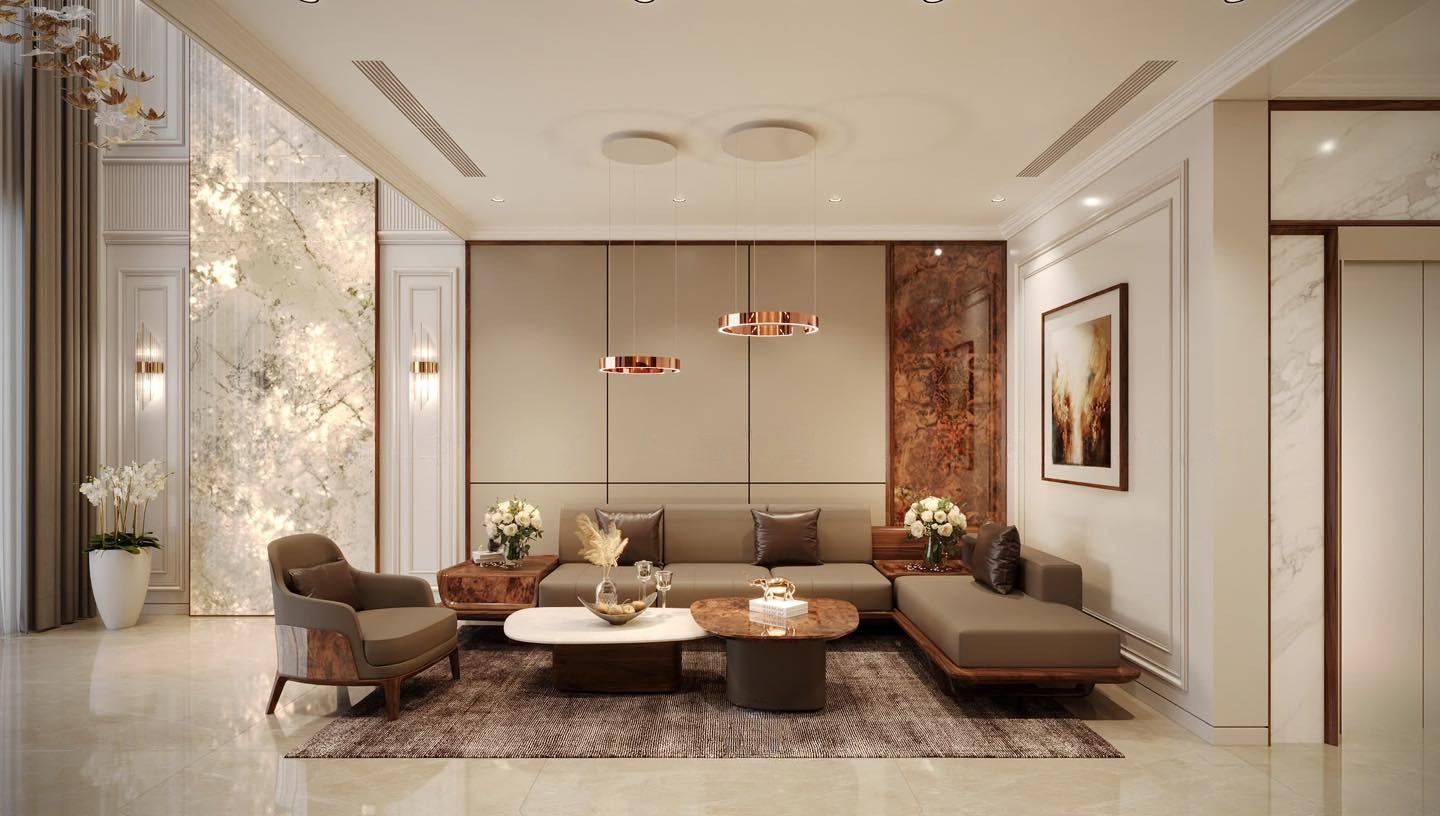 Bộ sofa gỗ chữ L hiện đại với tab gỗ và bàn trà đá cẩm thạch sang trọng