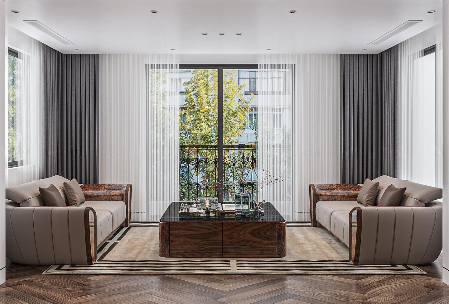 Sofa gỗ da hiện đại với thiết kế đối xứng và bàn trà đá đen sang trọng