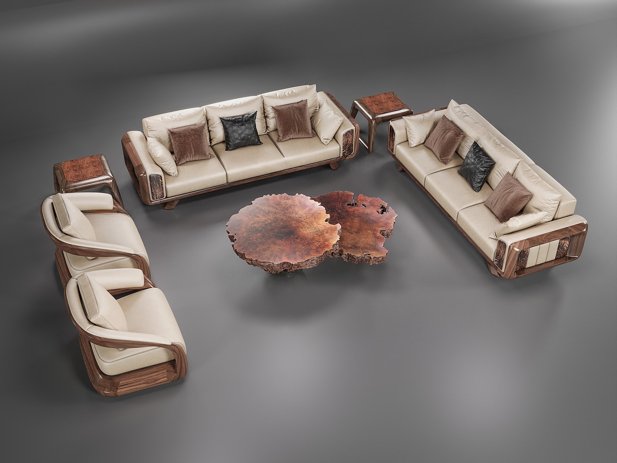 Sofa gỗ da phòng khách bố cục chữ U với bàn trà gốc gỗ óc chó