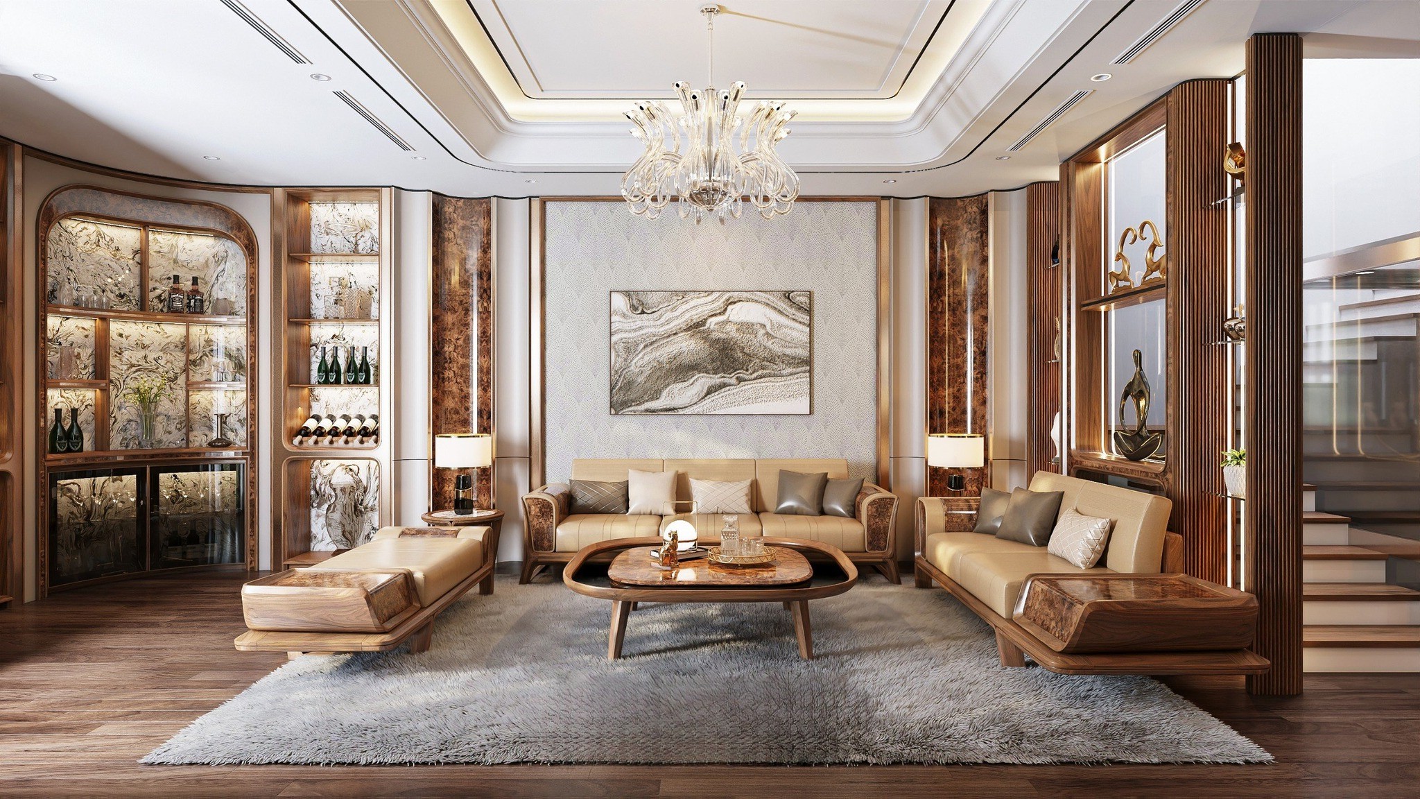 Sofa gỗ hiện đại chữ U kết hợp bàn trà bo tròn sang trọng