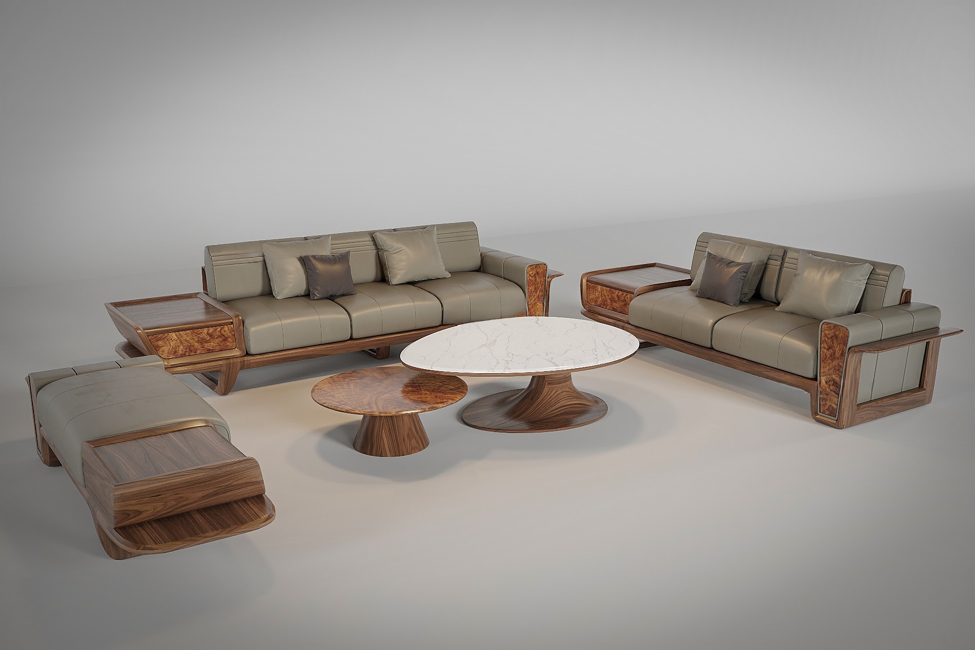 Sofa gỗ nệm da PU màu ghi xám khung gỗ óc chó