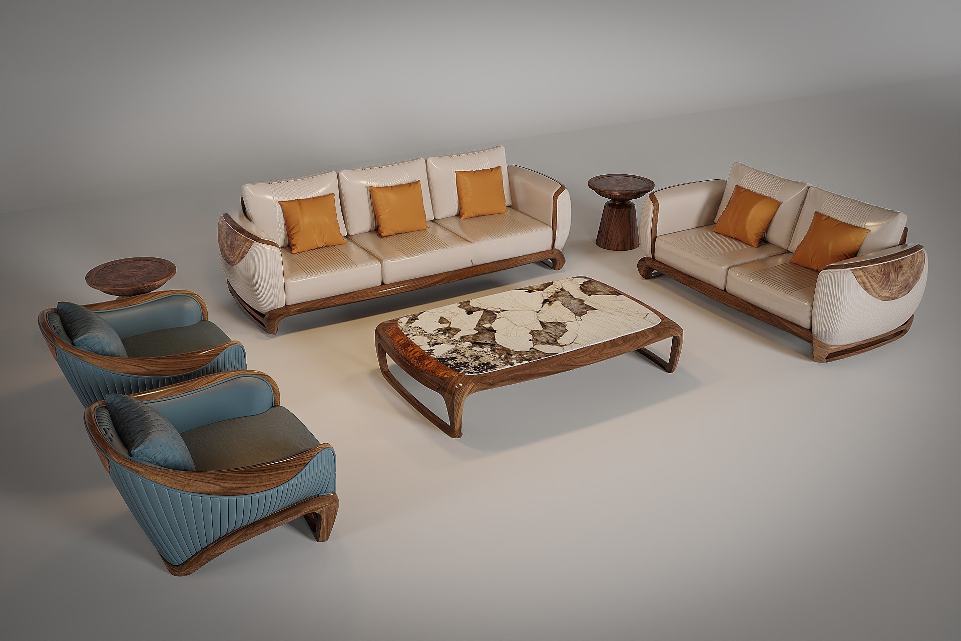 Sofa gỗ óc chó phối da trắng và xanh, bàn trà đá