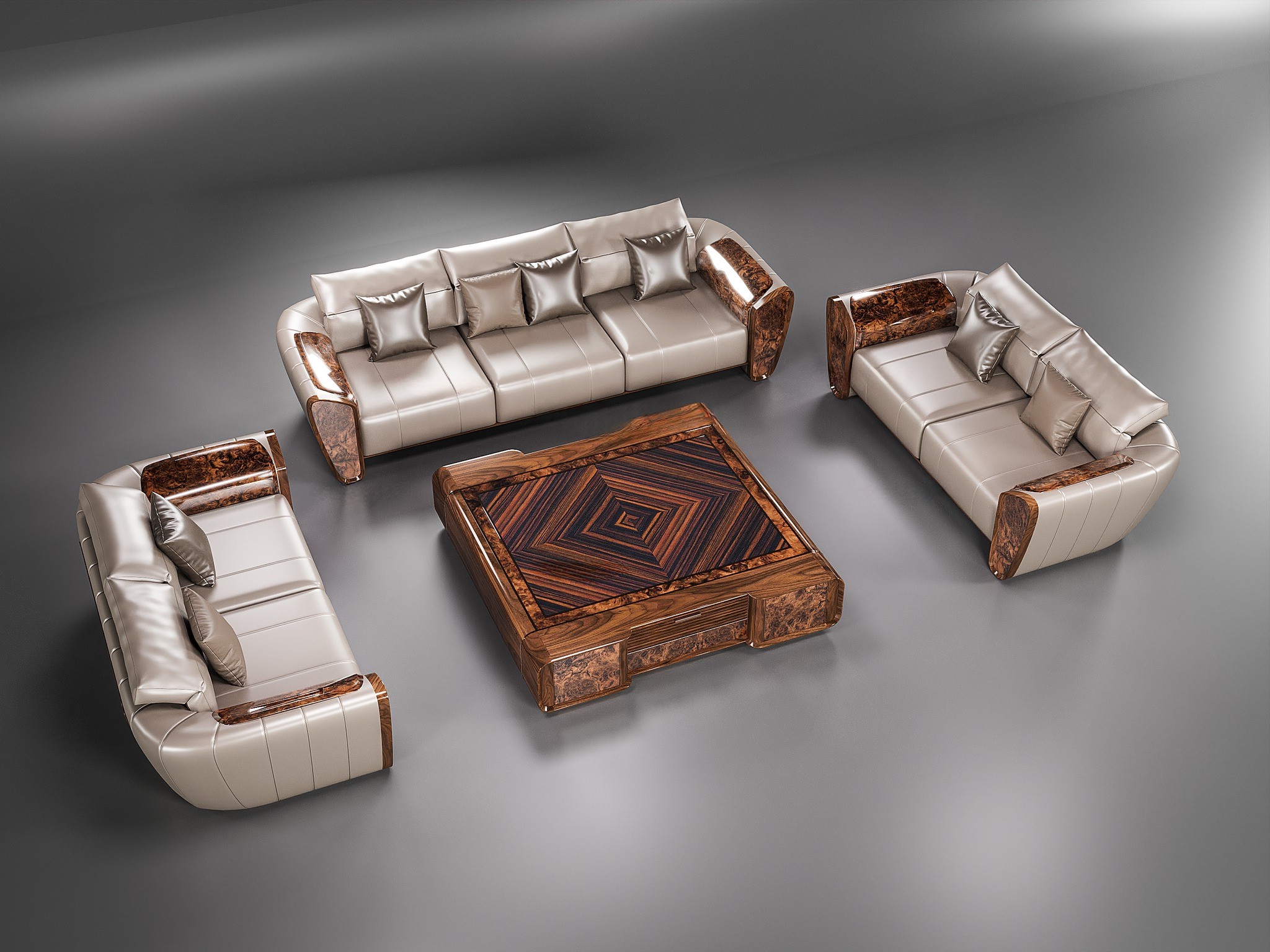 Sofa gỗ phòng khách đẹp hiện đại bọc da ghi bạc