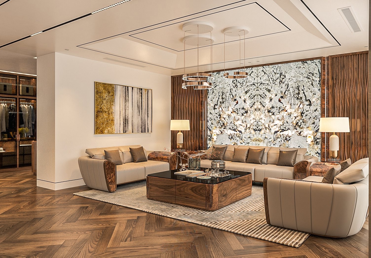 Sofa gỗ phòng khách kích thước lớn với bàn trà mặt đá đen sang trọng