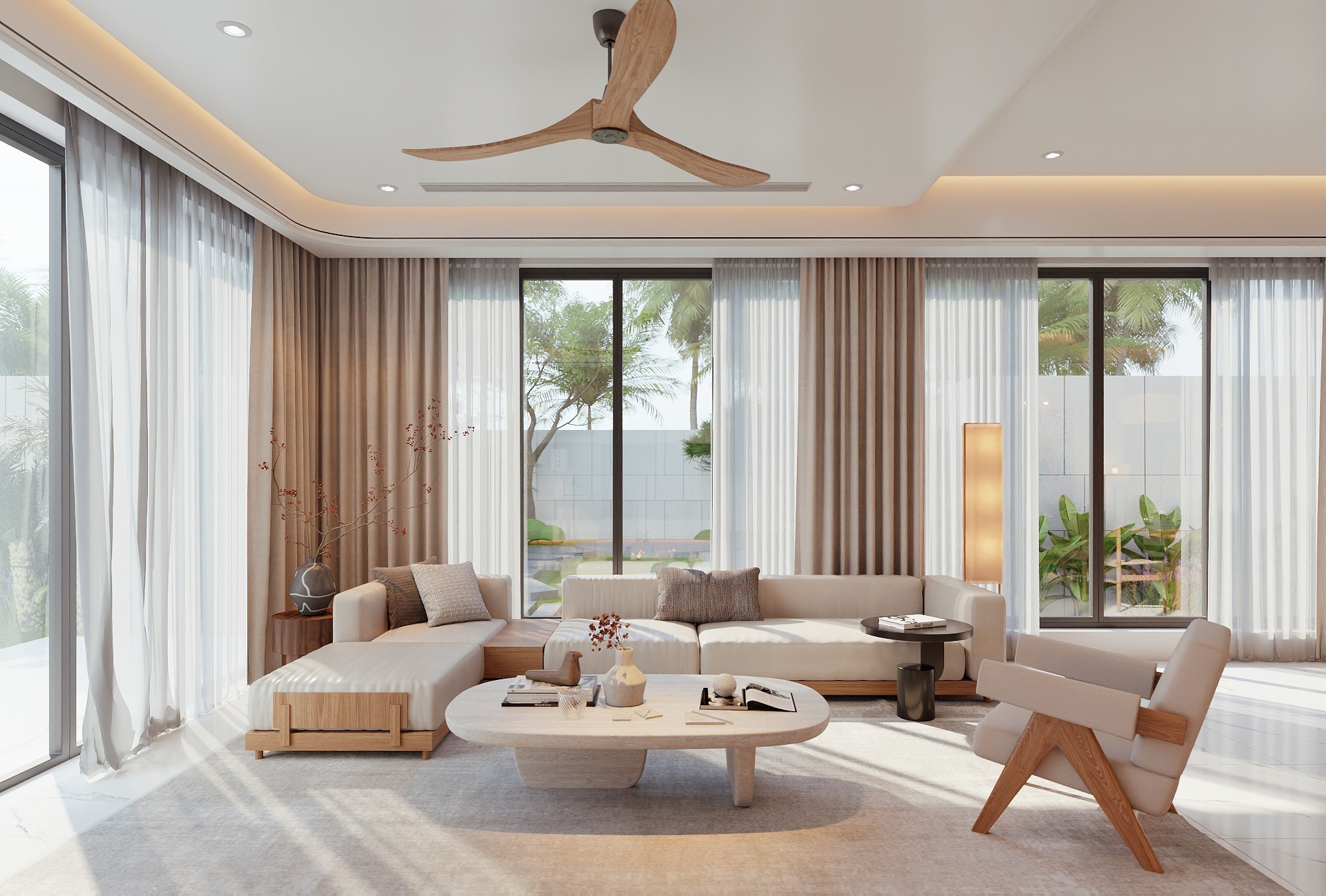Sofa gỗ sồi dáng chữ L màu vàng nâu với ghế đơn bọc nỉ và bàn trà oval