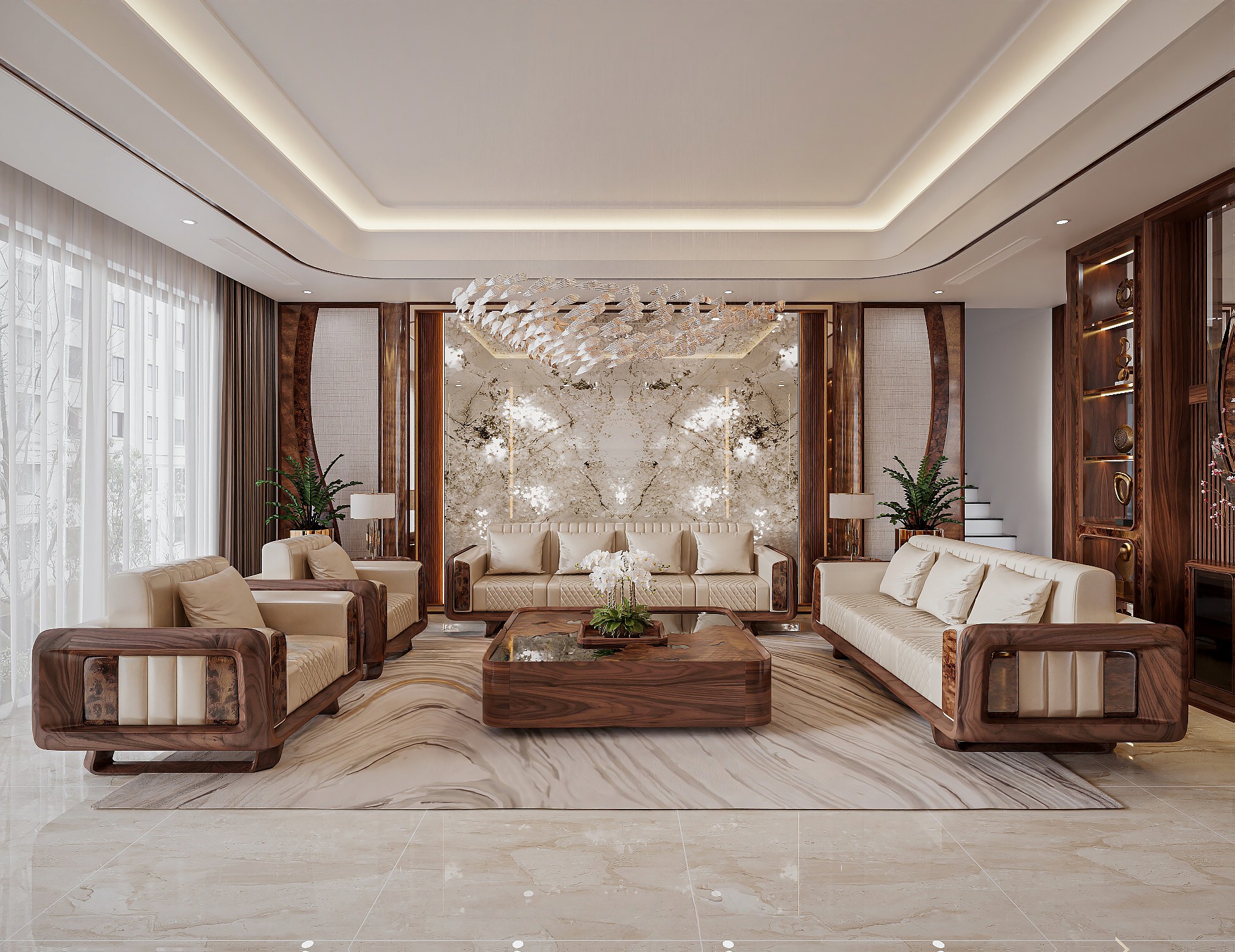 Bộ sofa gỗ tự nhiên với tay vịn bọc da và bàn trà mặt kính kết hợp gỗ thân cây