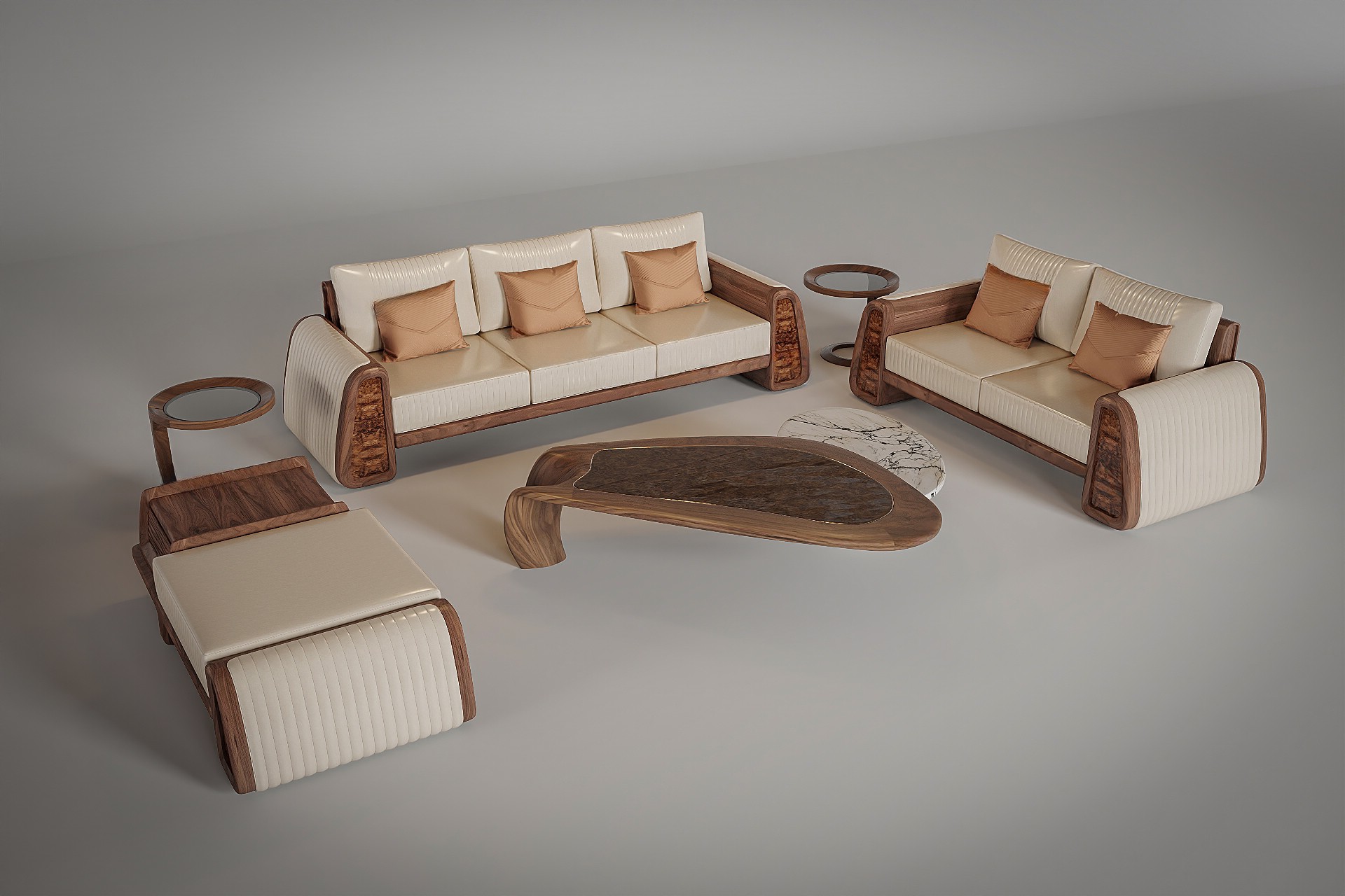 Sofa gỗ phòng khách hình chữ U bọc da be cao cấp với bàn trà uống cong