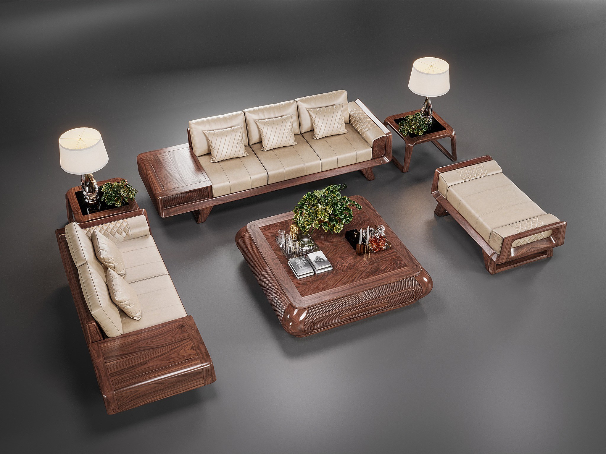 Sofa phòng khách gỗ sồi tự nhiên, da nâu be, 6 chi tiết tiện nghi