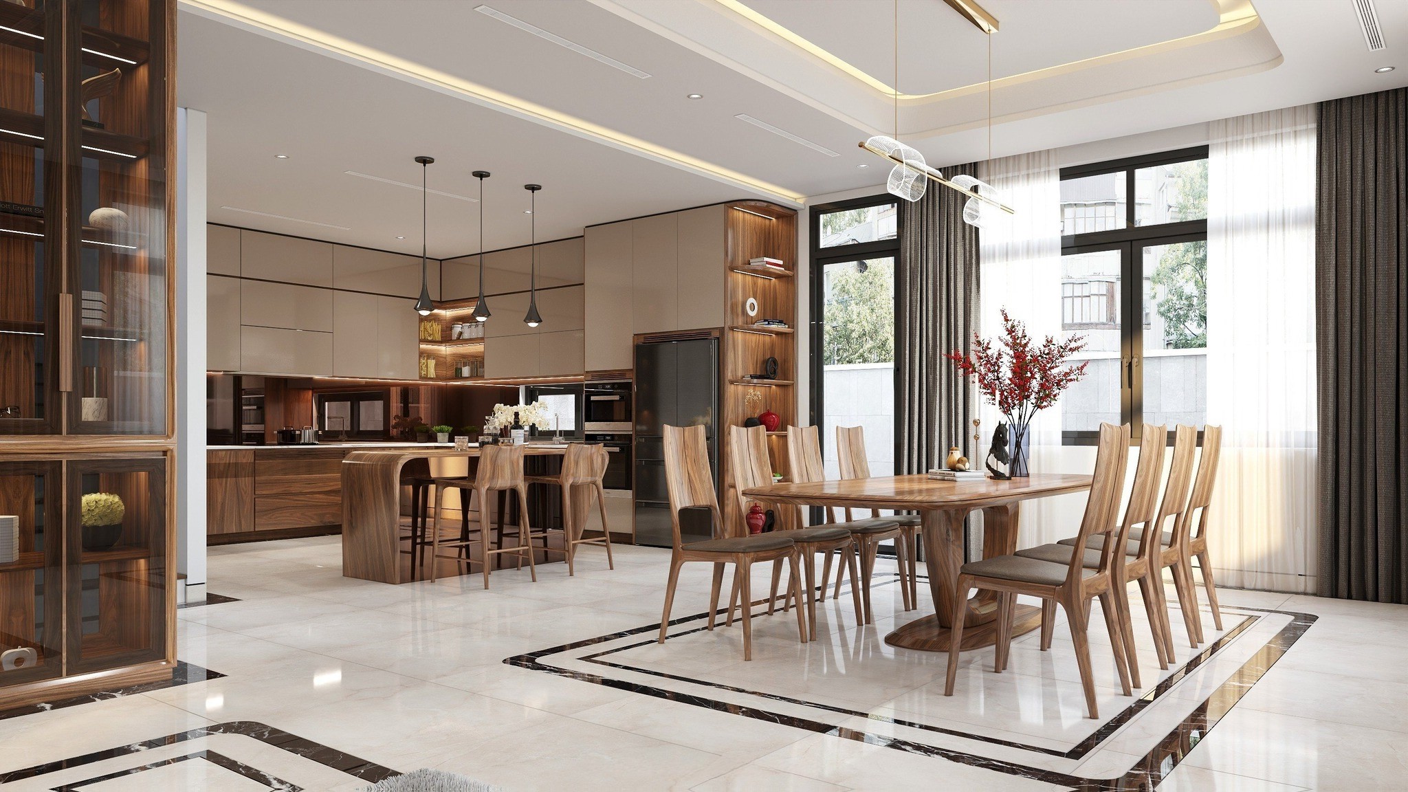 Thi công nội thất biệt thự phòng bếp gỗ óc chó tự nhiên sang trọng