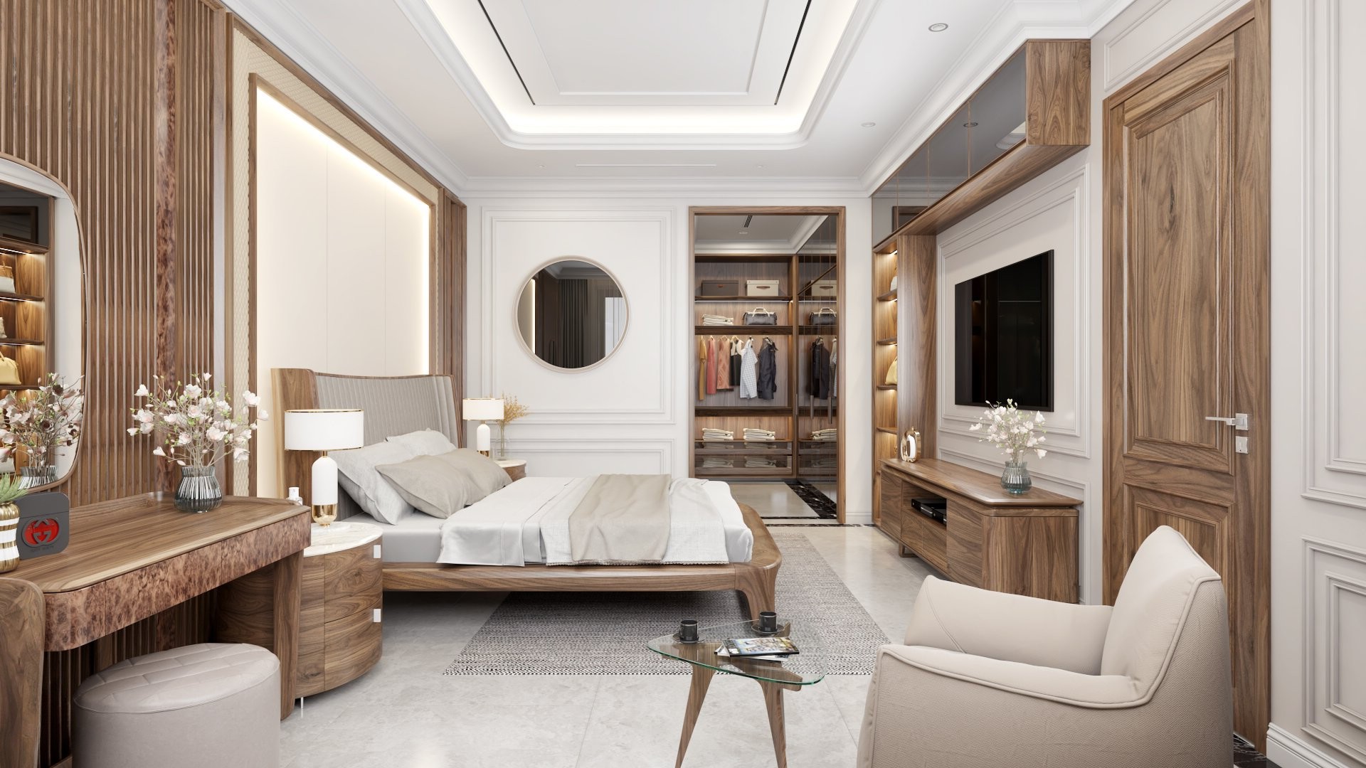 Thi công nội thất nhà phố với giường, kệ, tủ, bàn đồng bộ gỗ tự nhiên