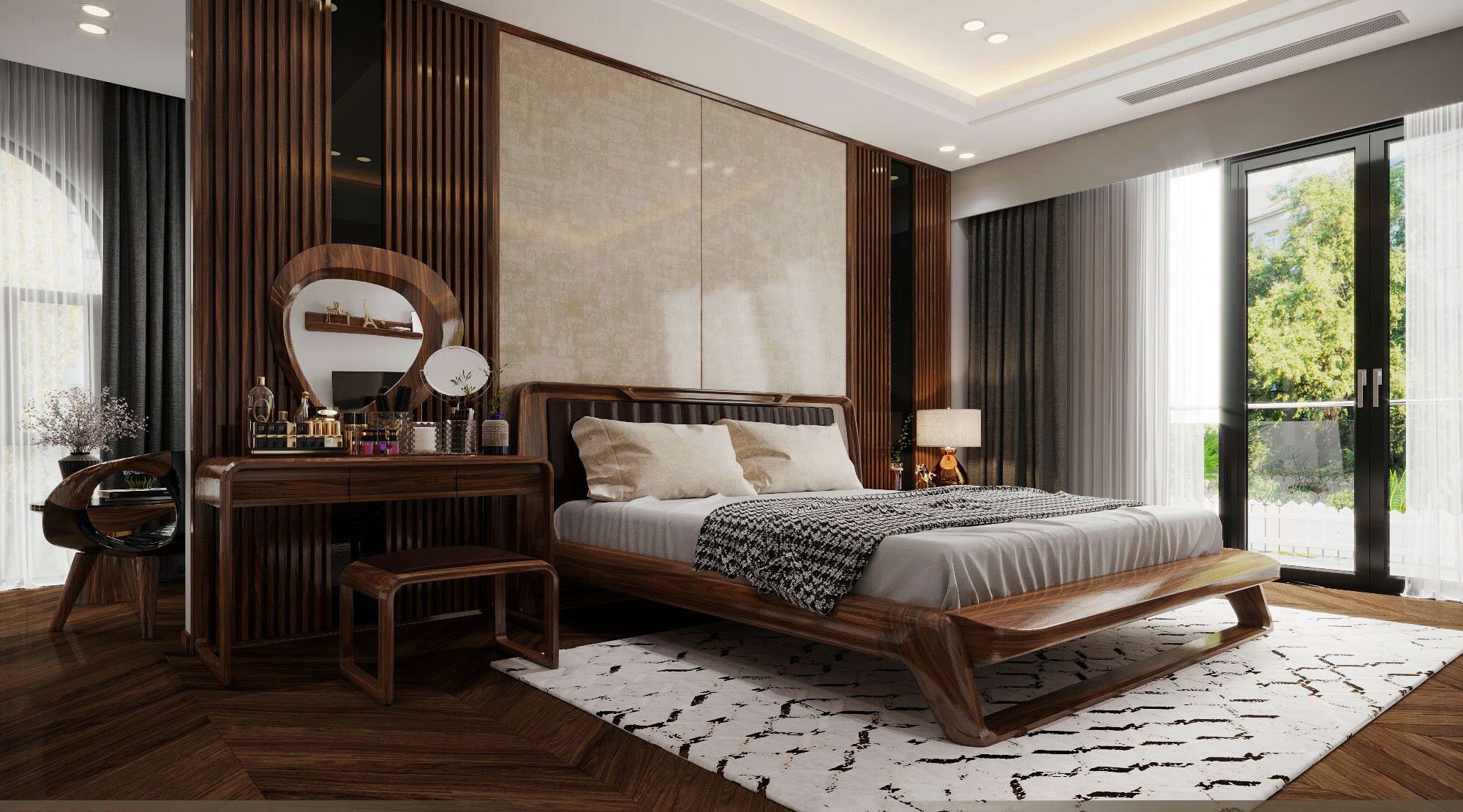 Thiết kế giường ngủ hiện đại khung gỗ dày liền khối và tựa đầu bọc da đen kẻ sọc