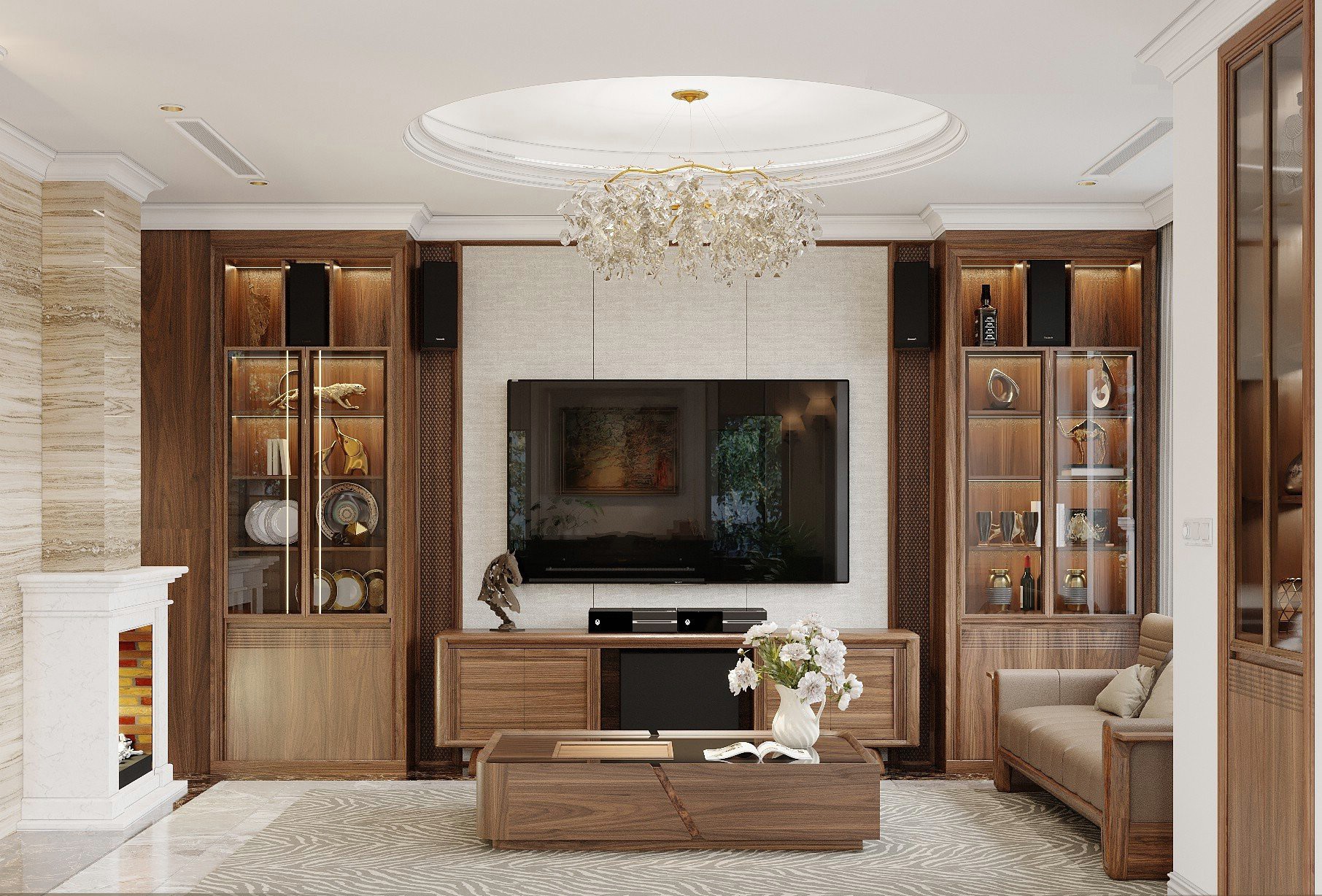 Thiết kế kệ tivi phòng khách gỗ tự nhiên dáng thấp hiện đại