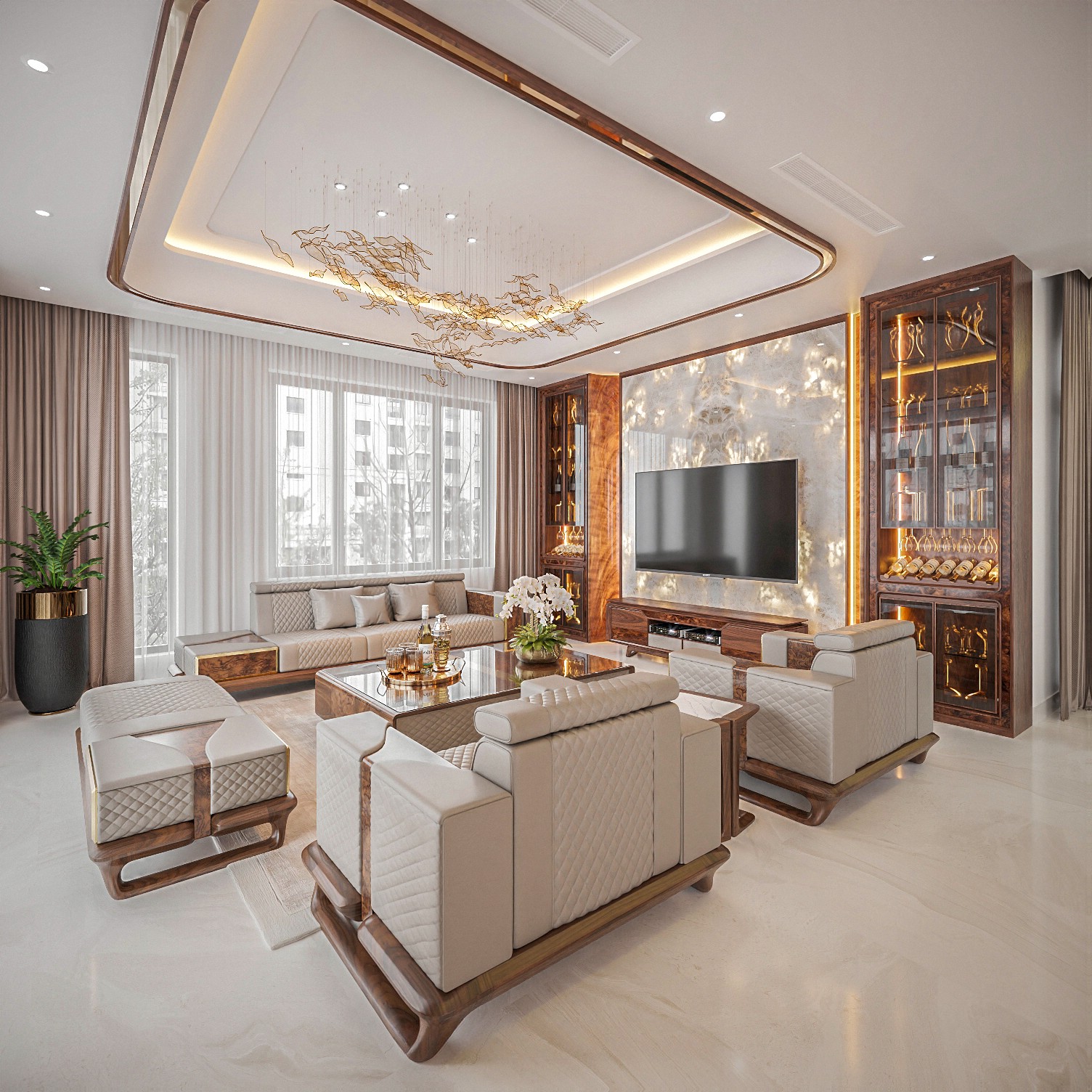 Thiết kế nội thất biệt thự cao cấp với phòng khách gỗ tự nhiên và đá cẩm thạch sang trọng
