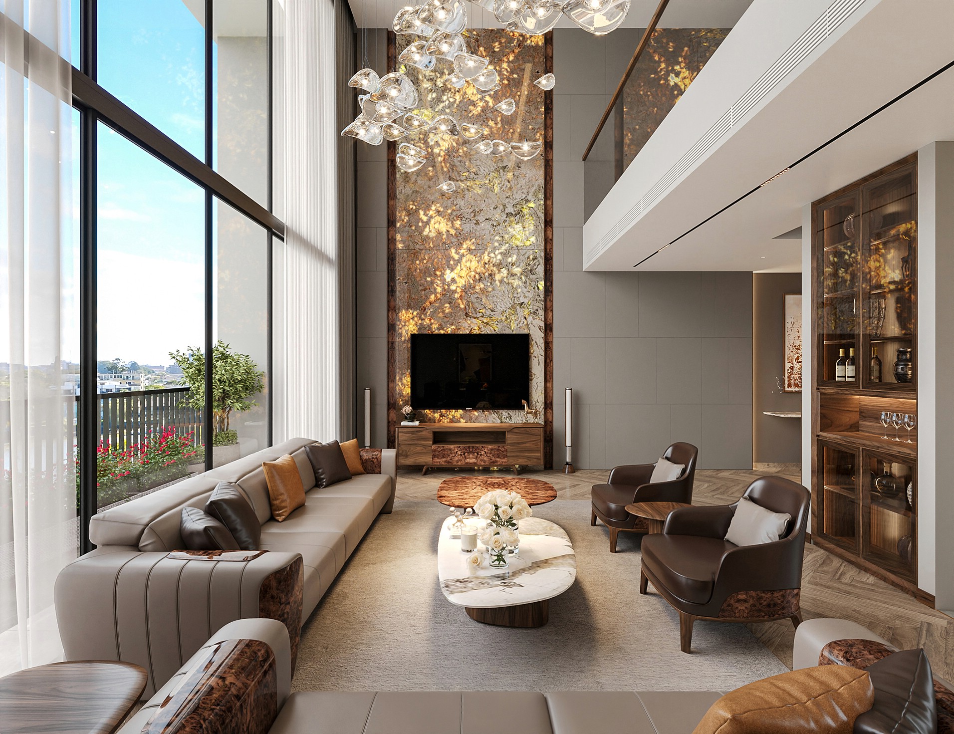 Thiết kế nội thất biệt thự hiện đại với sofa da nâu, bàn đá trắng, kệ óc chó và đèn pha lê