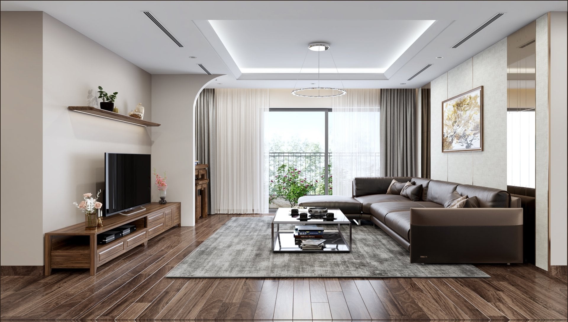 Thiết kế nội thất phòng khách chung cư hiện đại với sofa da chữ L và kệ tivi gỗ óc chó