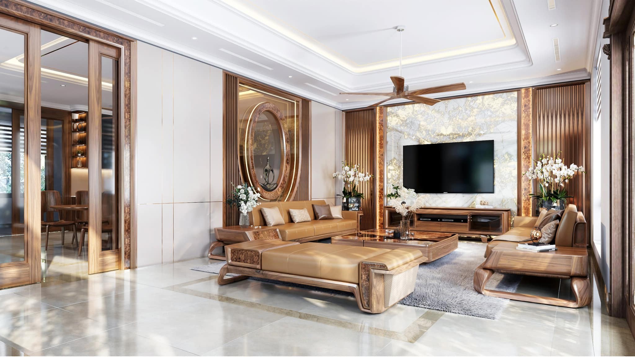 Thiết kế nội thất phòng khách đẹp với sofa gỗ óc chó và bàn trà nguyên khối kết hợp kính Thiết kế nội thất phòng khách đẹp với sofa gỗ óc chó và bàn trà nguyên khối kết hợp kính