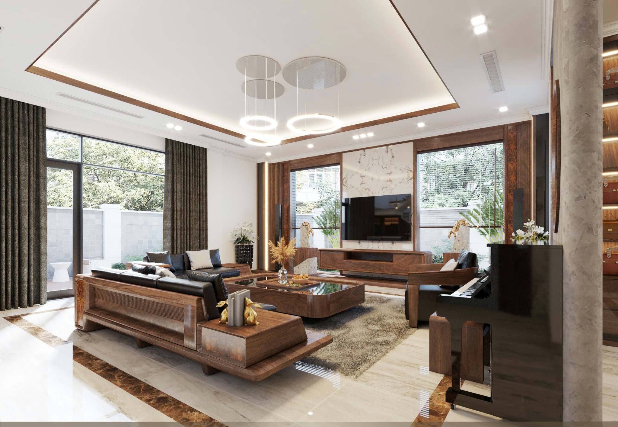 Thiết kế nội thất phòng khách hiện đại với sofa gỗ chữ L, bàn trà mặt kính và kệ tivi nhiều ngăn