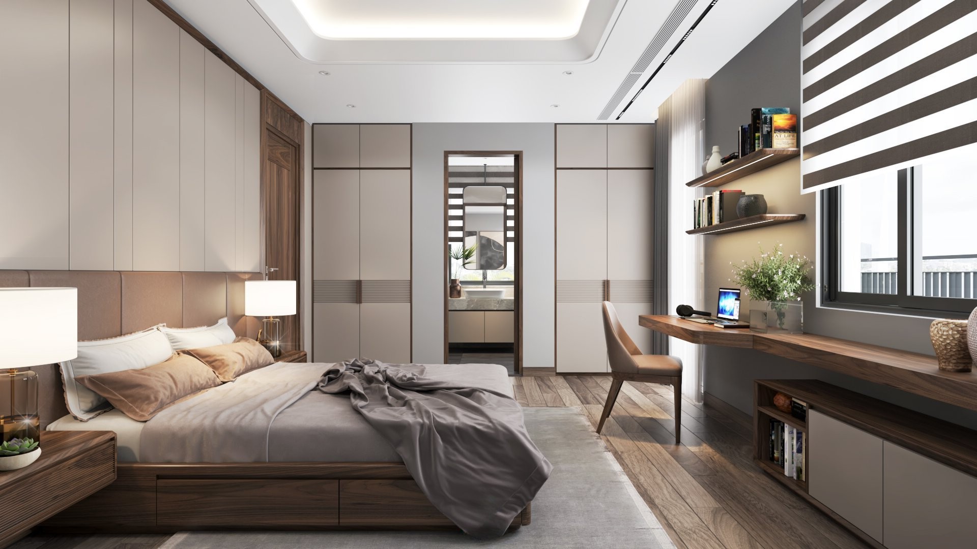 Thiết kế nội thất phòng ngủ nhỏ với giường hộp ngăn kéo và tủ quần áo kịch trần hiện đại