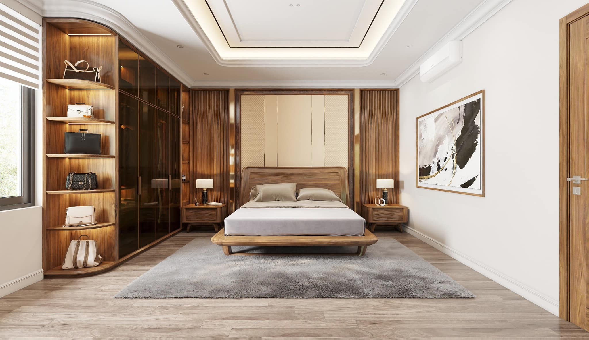 Thiết kế nội thất phòng ngủ hiện đại với giường gỗ giữa phòng, tab hai bên và tủ quần áo kính