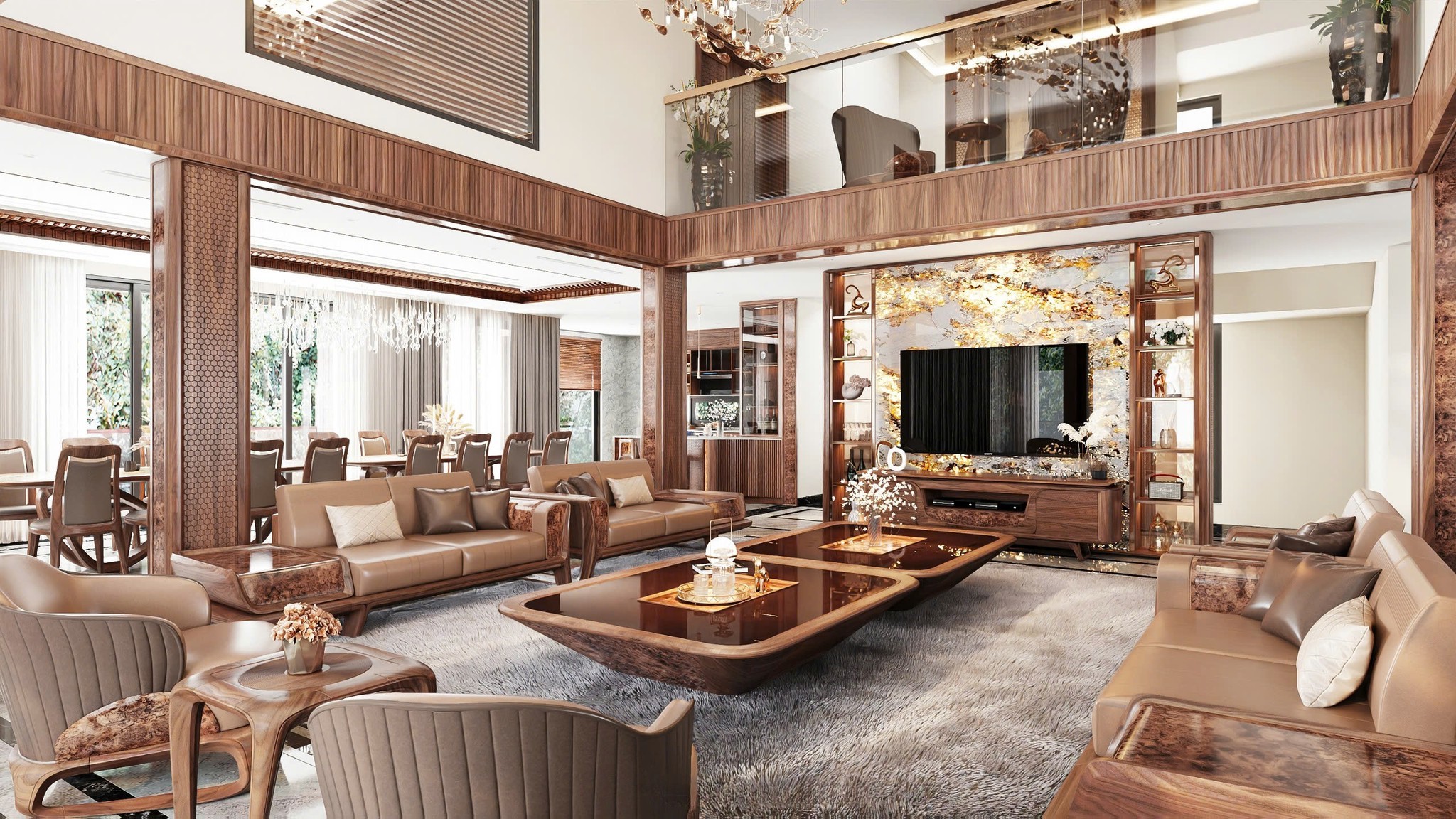 Thiết kế nội thất gỗ óc chó với sofa da, bàn trà lớn, bàn ăn 8 ghế và hệ tủ bếp gỗ