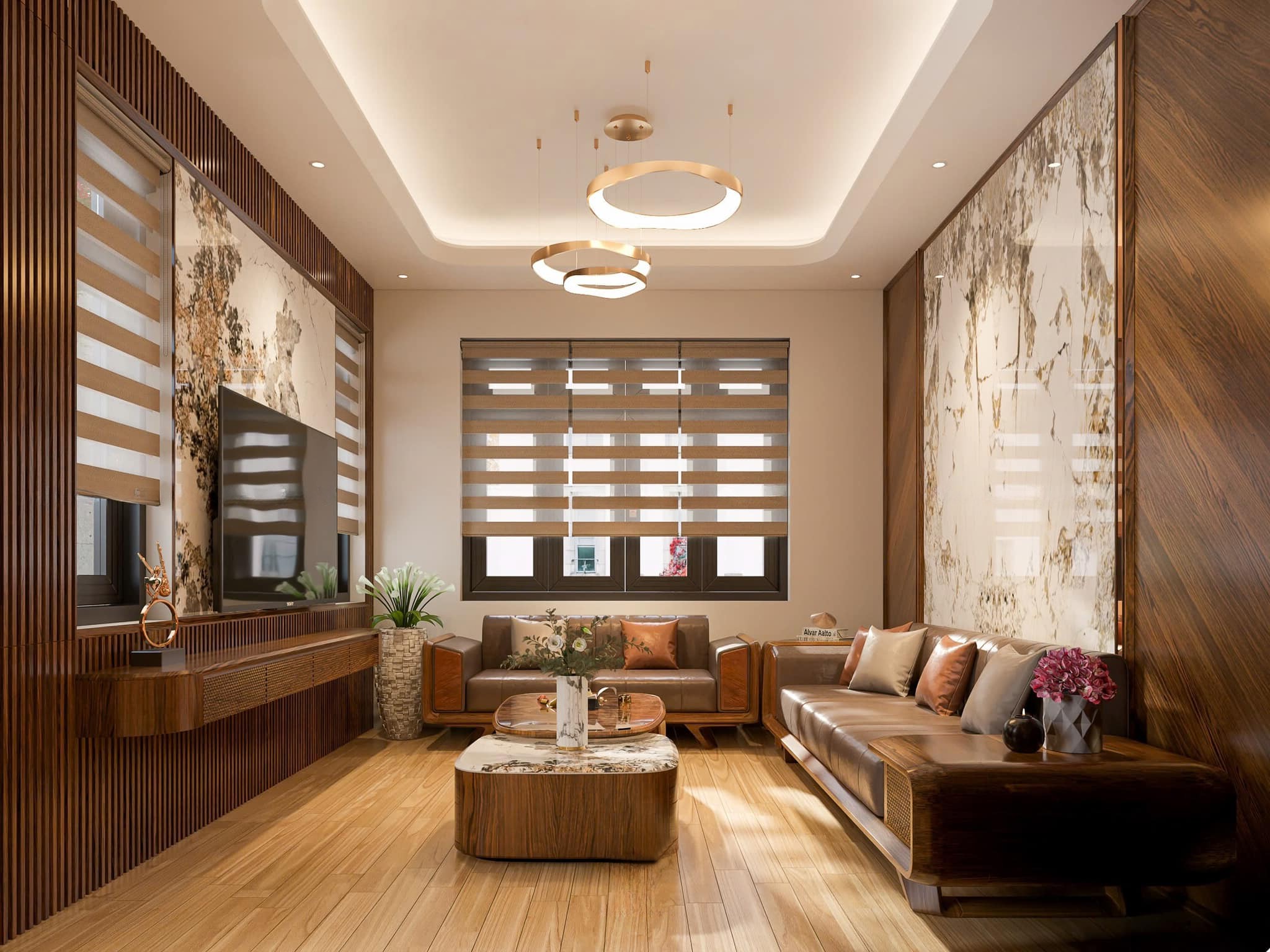 Thiết kế phòng khách chung cư tối giản với bàn ghế gỗ, vách lam sóng và kệ tivi treo