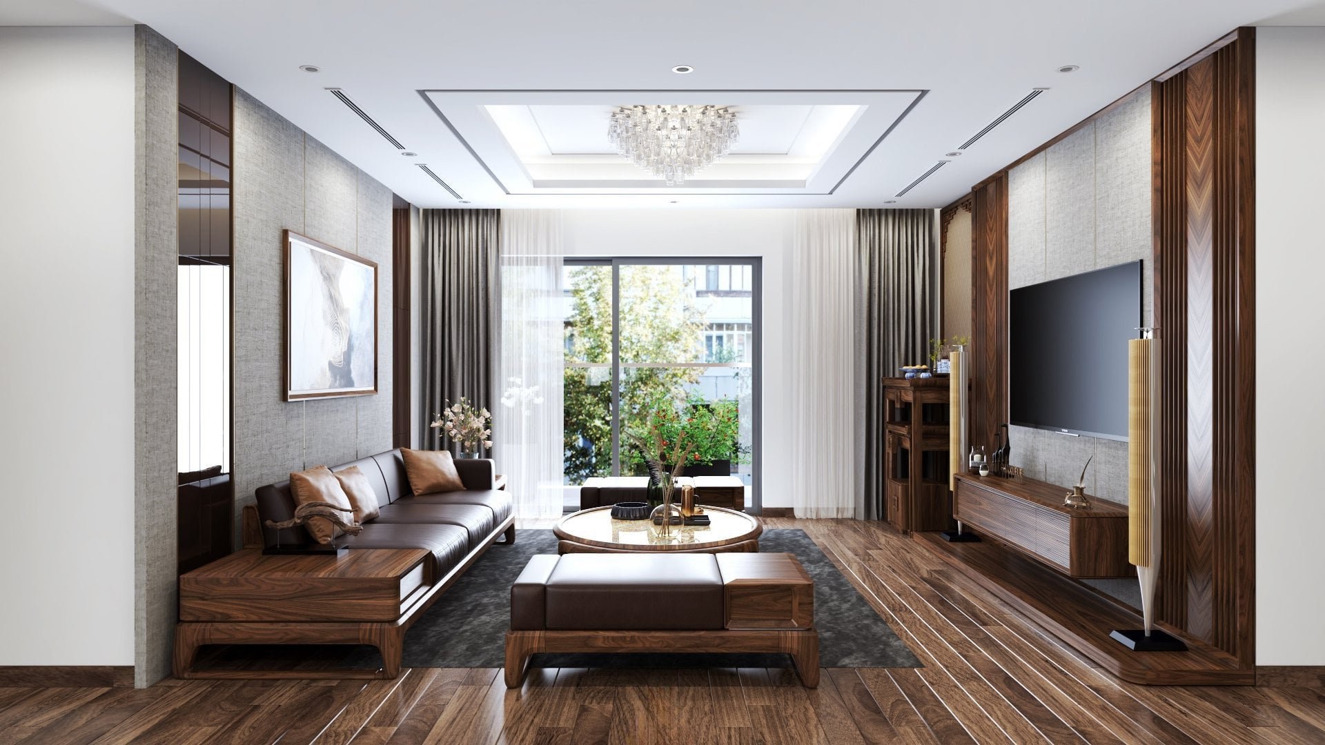 Thiết kế phòng khách chung cư với bàn ghế gỗ óc chó sát tường, bàn trà tròn và vách ốp lam sóng