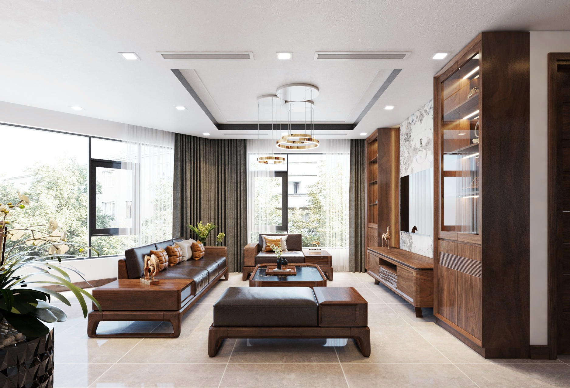 Thiết kế phòng khách đẹp đơn giản với nội thất gỗ óc chó sang trọng