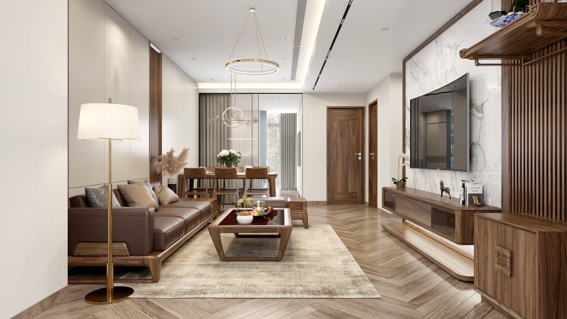 Thiết kế phòng khách đơn giản mà đẹp với sofa gỗ văng và bàn trà mặt kính