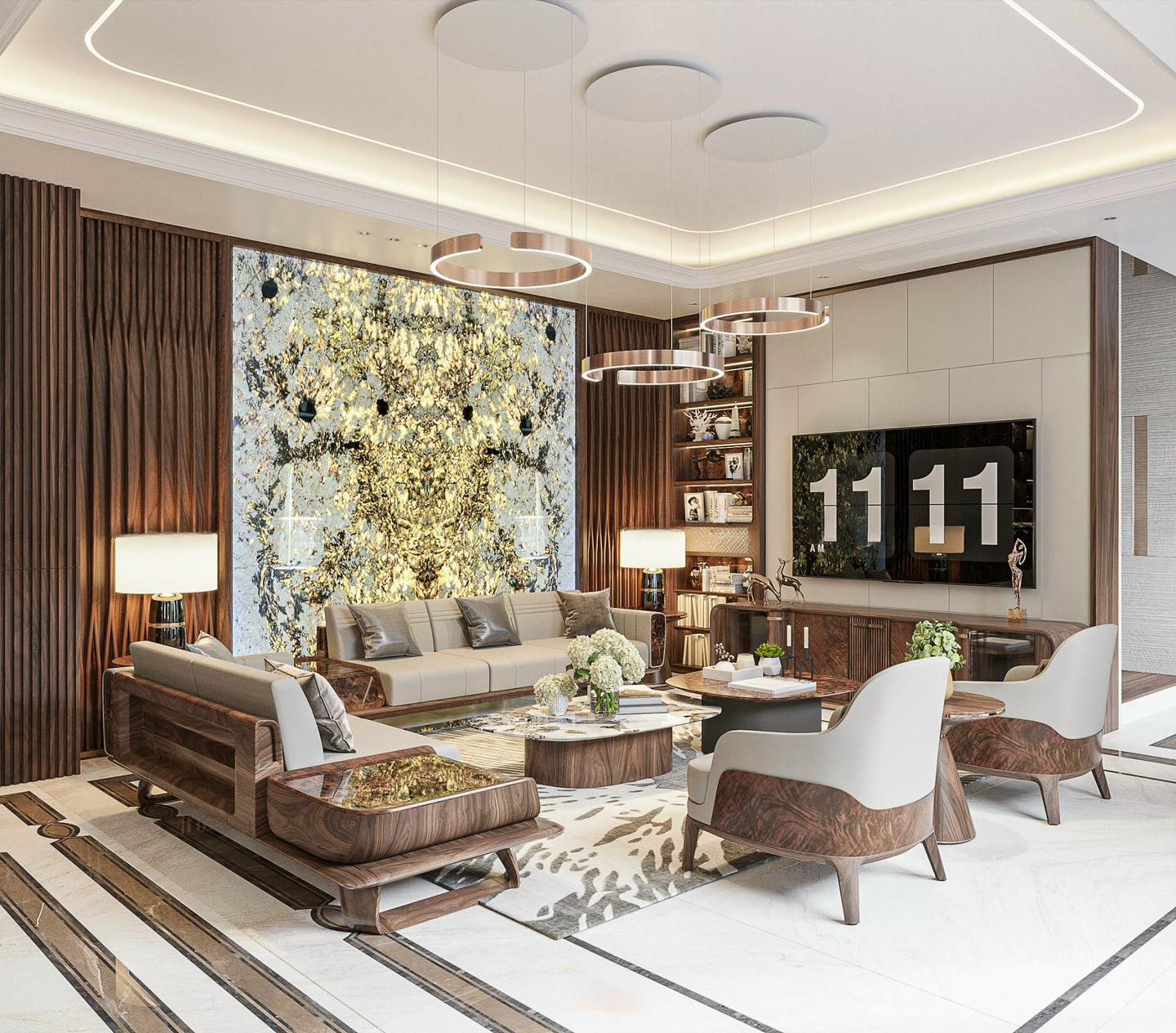 Phòng khách hiện đại với lam sóng xương cá, mảng PVC Onyx xuyên sáng và kệ tivi hình chữ nhật