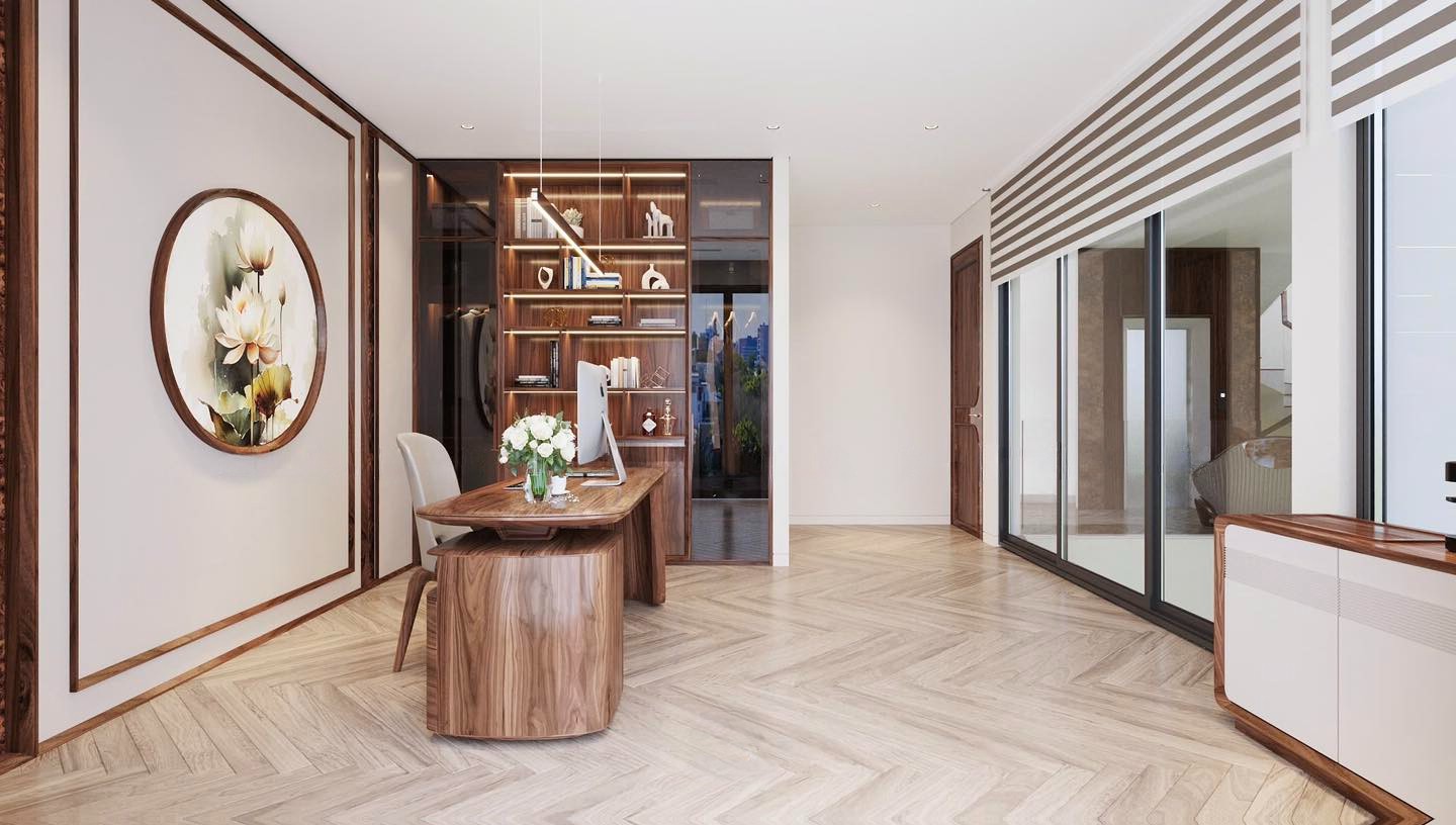 Thiết kế phòng làm việc hiện đại với bàn oval và kệ trang trí kịch trần