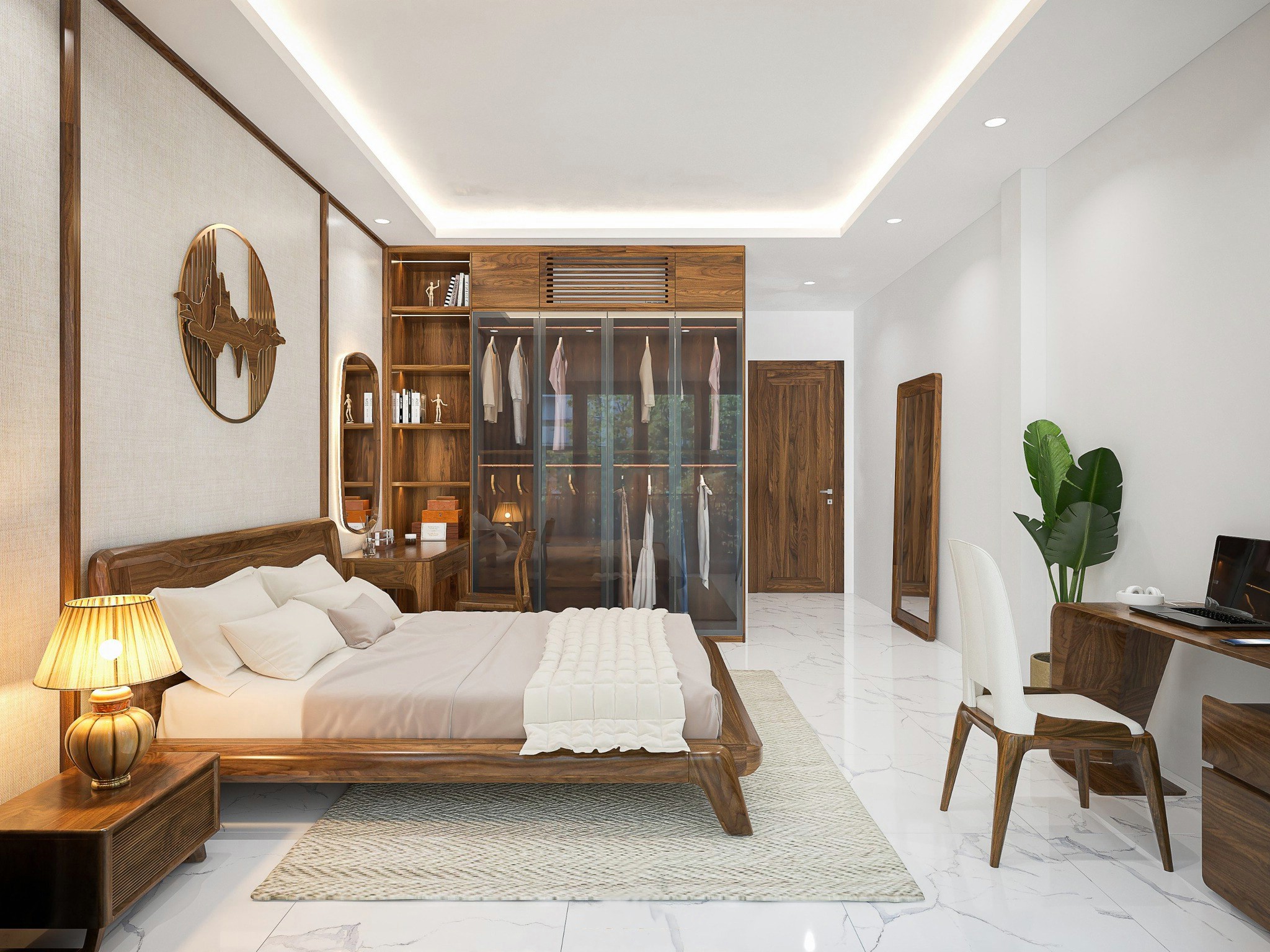 Thiết kế phòng ngủ 20m2 có toilet khép kín gam nâu – trắng hiện đại