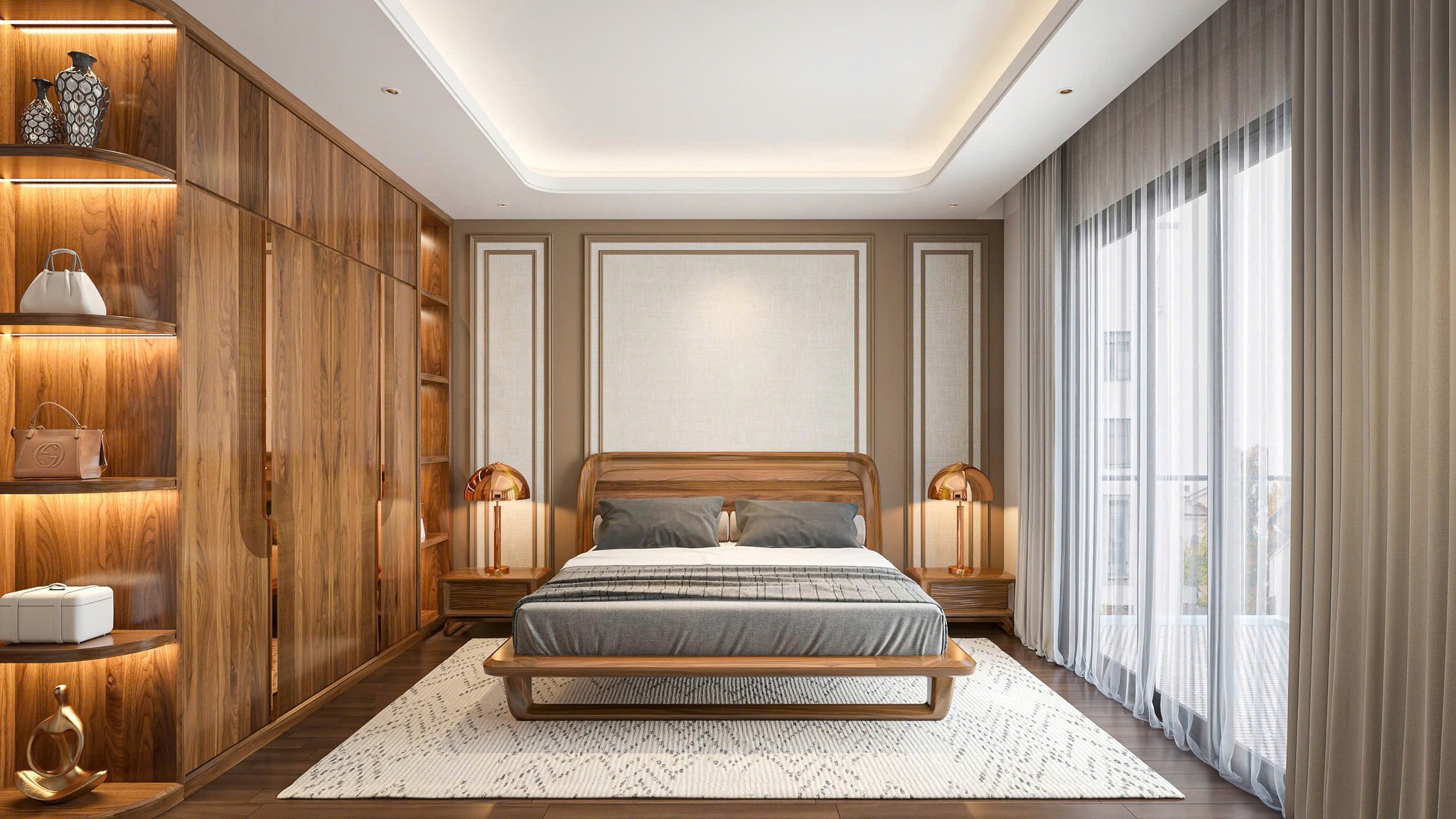 Thiết kế phòng ngủ chung cư đẹp và hợp phong thủy với nội thất gỗ công nghiệp màu nâu óc chó Thiết kế phòng ngủ chung cư đẹp và hợp phong thủy với nội thất gỗ công nghiệp màu nâu óc chó