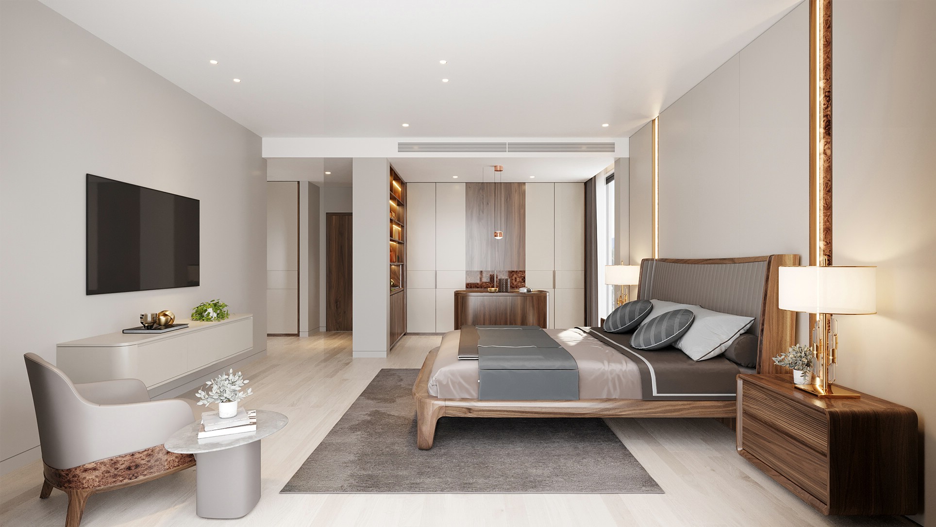 Thiết kế phòng ngủ đẹp sang trọng với giường dáng thanh và tủ âm tường hiện đại